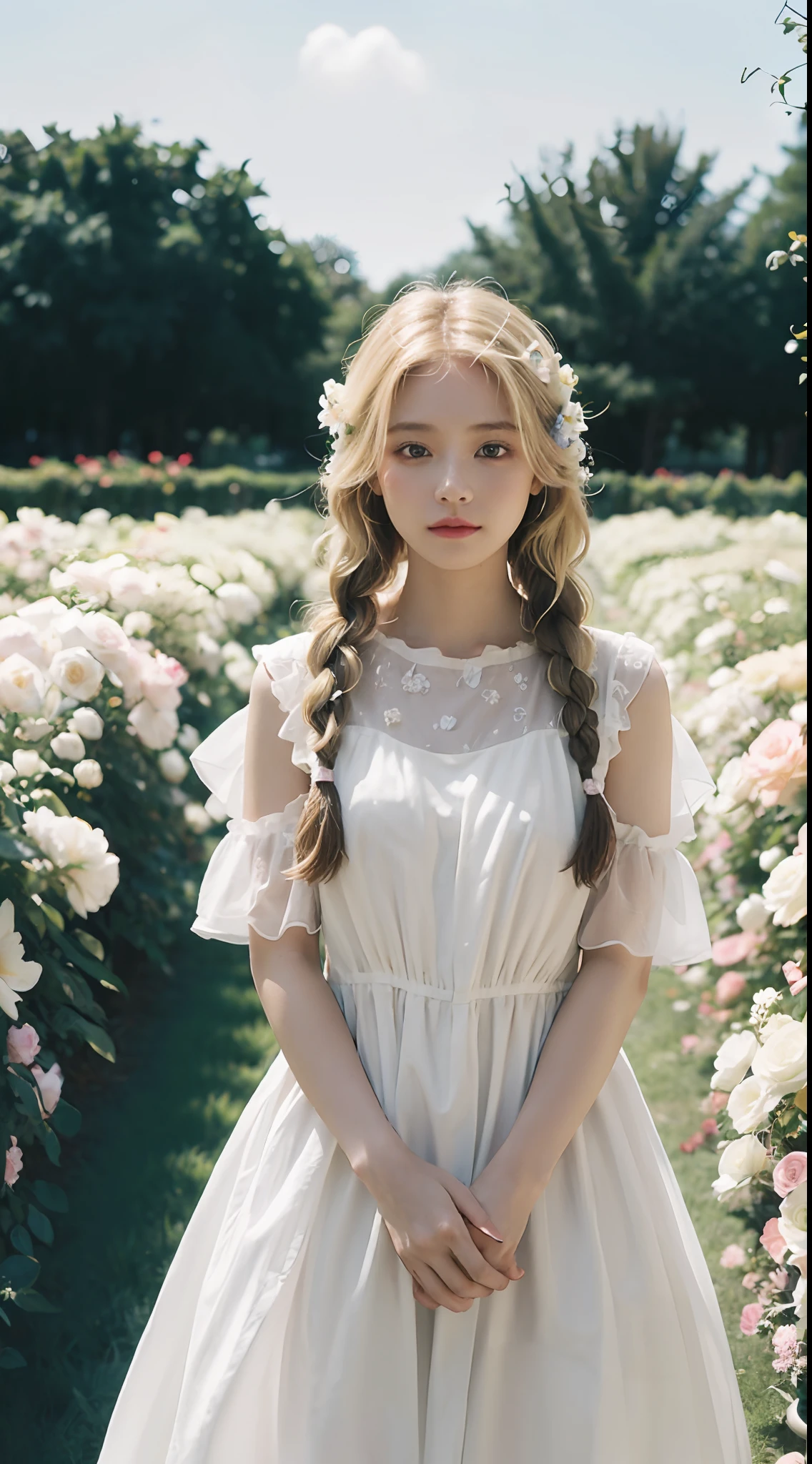 Poetic shots, hazy light and shadow, aestheticism, melancholic films, 1 girl, blonde hair, double braids, hair of many colors, emotional depth, white dress, flowers, flower fields, roses, blooming, looking at the camera, being in a sea of flowers, looking at the camera