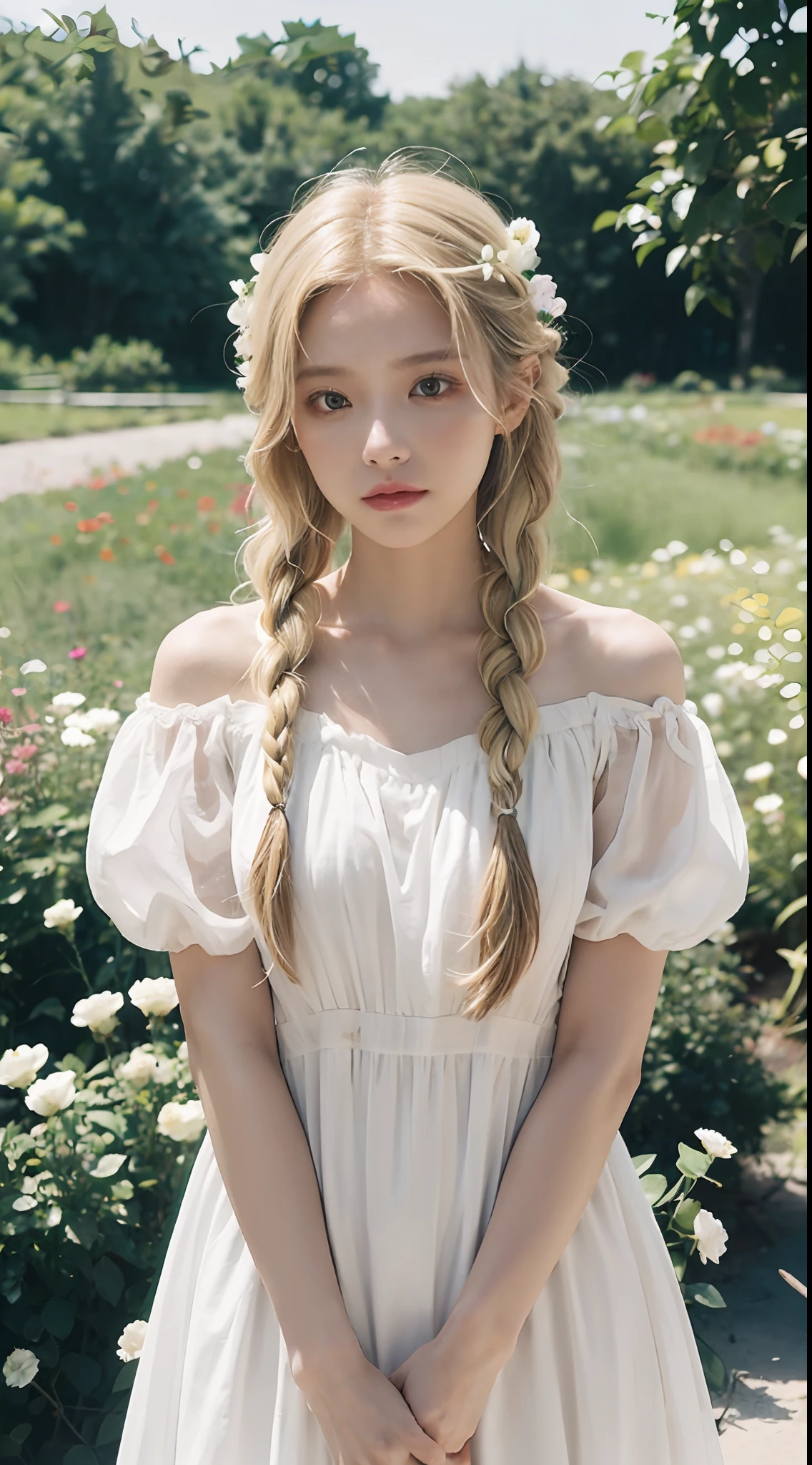 Poetic shots, hazy light and shadow, aestheticism, melancholic films, 1 girl, blonde hair, double braids, hair of many colors, emotional depth, white dress, flowers, flower fields, roses, blooming, looking at the camera, being in a sea of flowers, looking at the camera