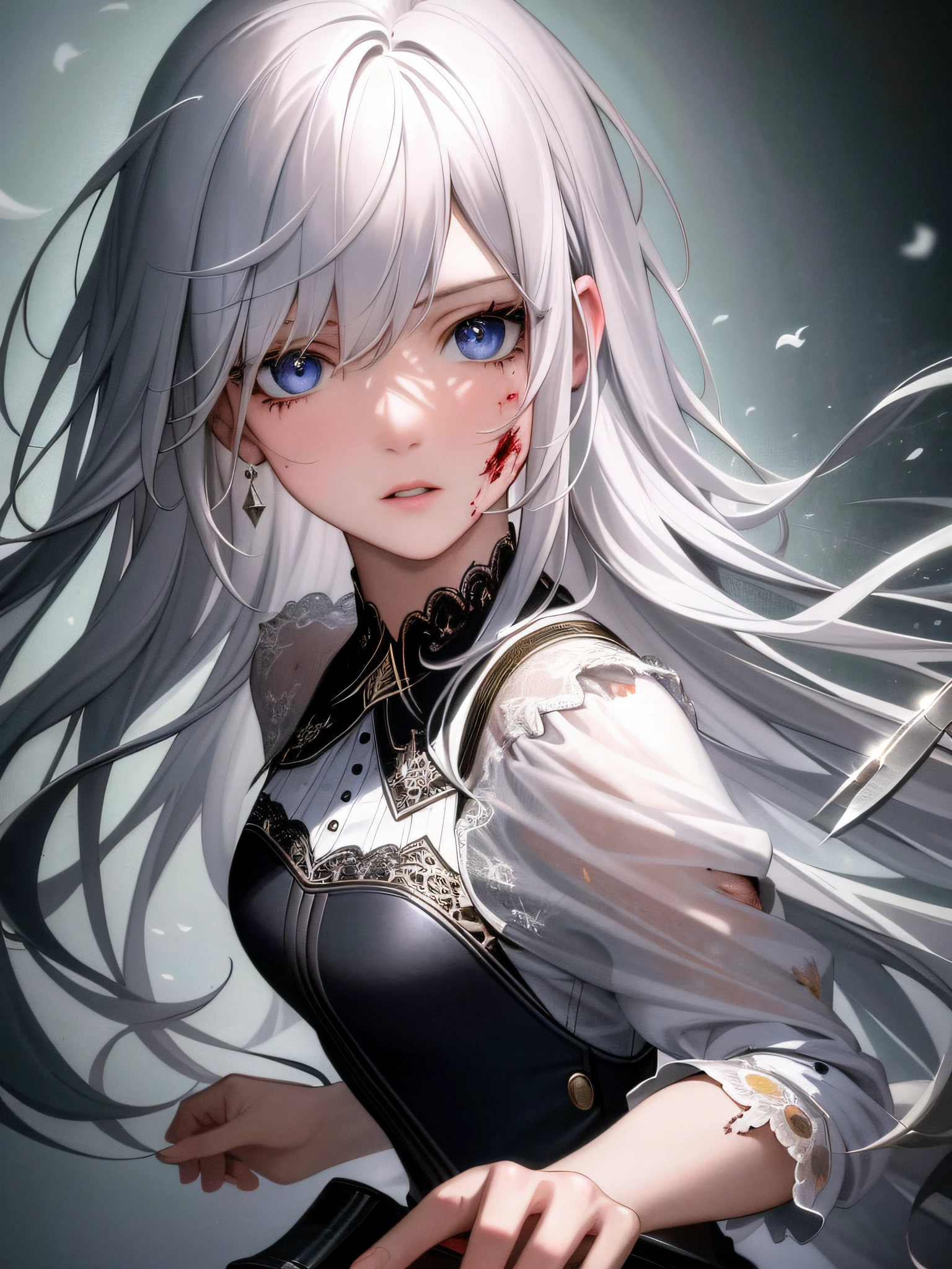 best quality, masterpiece, super high resolution, (reality:1.5), art, original photo, dynamic lighting, high resolution, sharp focus, depth of field,1girl, medium, masterpiece, best quality, super detailed, illustration, white hair, super detailed face, high quality face, super detailed hands, upper body, fighting, bleeding, tattered clothes, pocket knife