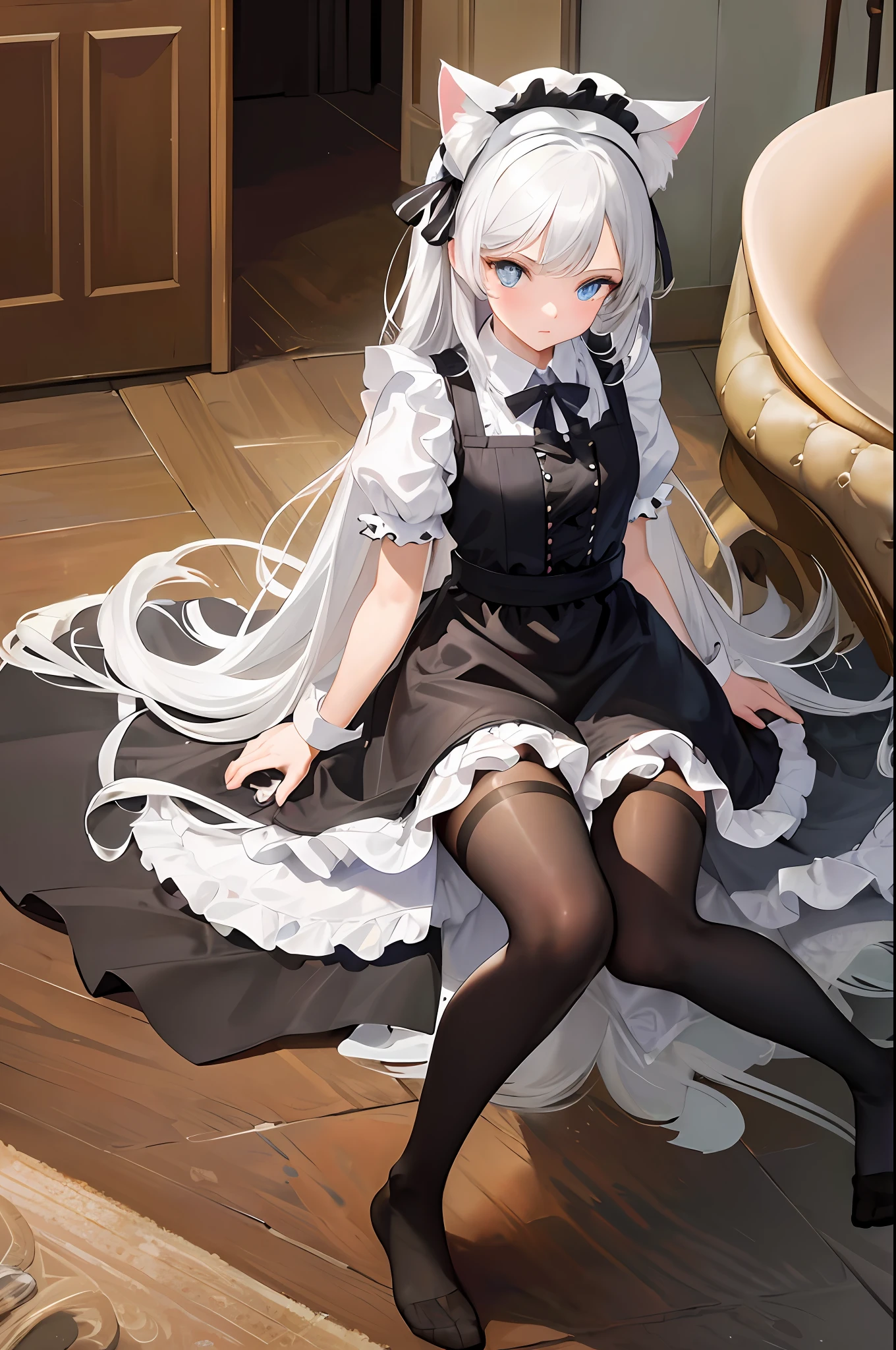 ((masterpiece, best quality))1girl, cat ears, cat lady, full body, blue eyes, long hair, silver hair, (maid sister: 1.3), (black stockings: 1.3),