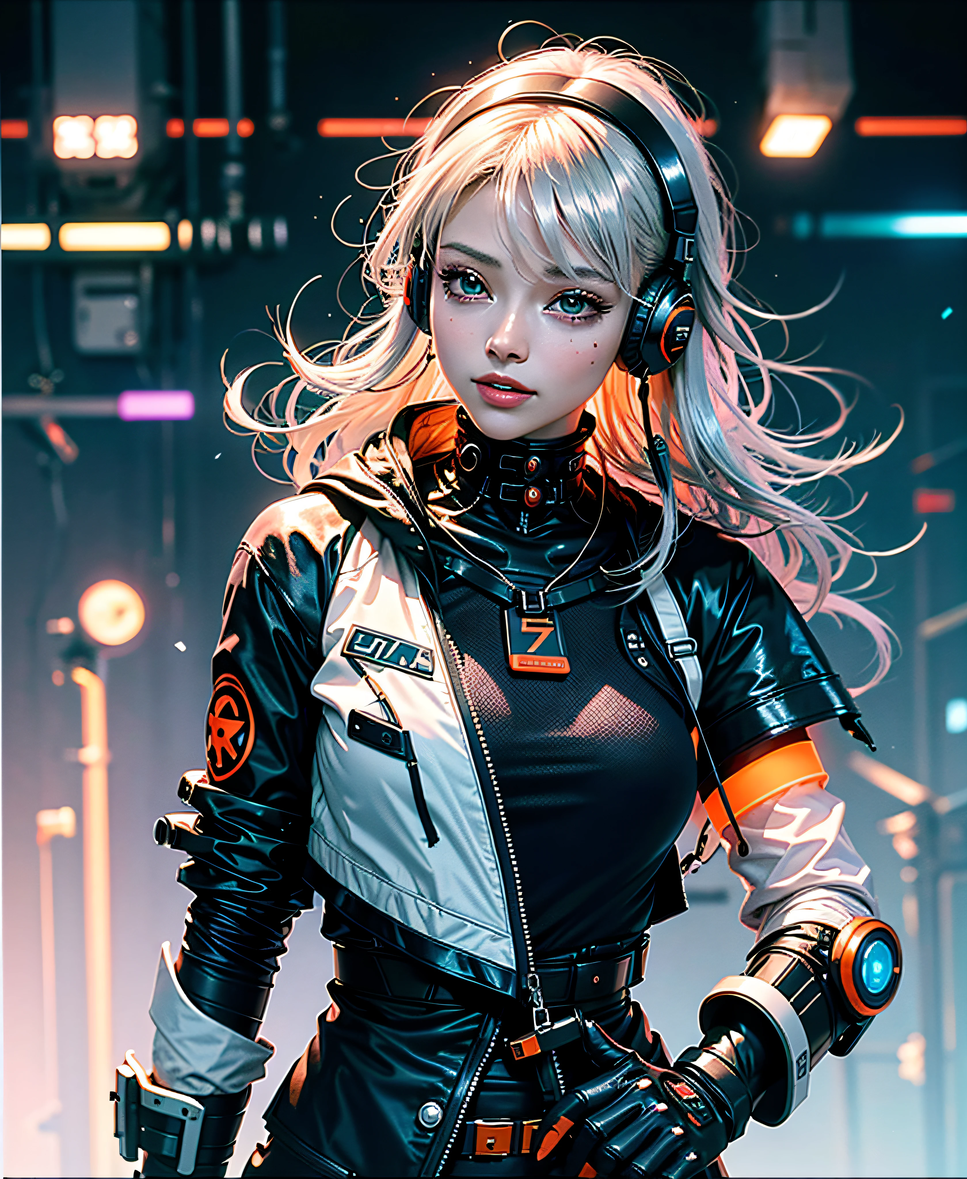 (8k, RAW photo, photorealistic:1.25) ,( lip gloss, eyelashes, glossy side, shiny skin, best quality, ultra high resolution, depth of field, chromatic aberration, caustic, wide light, natural shadow, Kpop idol) Watch the audience with serenity and goddess-like happiness, cyberpunk, rooftop, high-altitude city, neon orange, hair flying apart, various movements, 7 doppelgangers entering, black and orange clothing, silver-white hair, wearing a coat, wearing less, smiling, unlimited charm, with technology headphones, luminous accessories, sexy female mecha style, light drifting