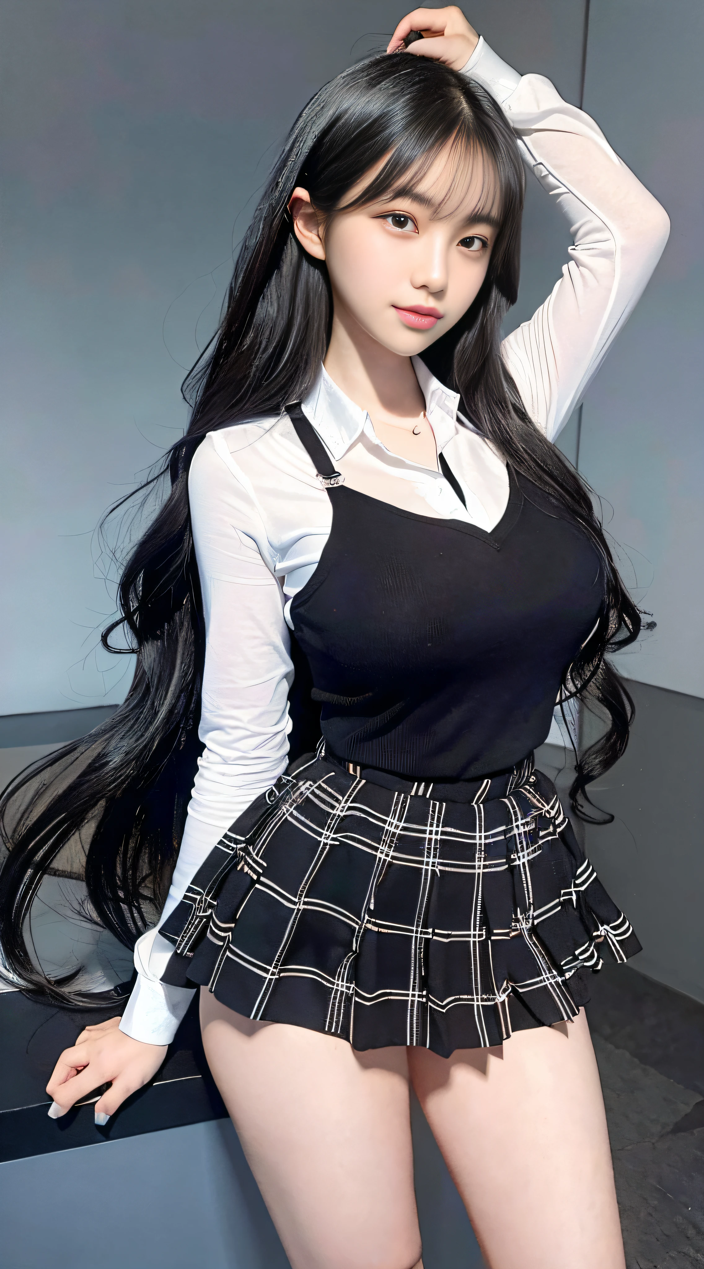 Masterpiece, Best Quality, (Realistic, Photo Realistic: 1.4), (RAW Photo: 1.2), Very Detailed CG Unity 8k wallpaper, very delicate and beautiful, amazing and detailed details, Official art, Absurd, Unbelievably absurd, Huge file size, Very detailed, Very detailed, Beautiful detail girl, Very detailed eyes and face, Beautiful detailed eyes, light on face,1girl, ((black hair)), hair, solo, cute, viewer,  (perfect feminine figure), slender waist, full body, big breasts, school uniform, checkered skirt, collared shirt, waist, open clothes, sleeveless shirt, bare sleeves, bangs, school, classroom, schoolgirl, posing in uniform, full body, good skin, radiant skin, good thighs, shiny thighs, shiny legs