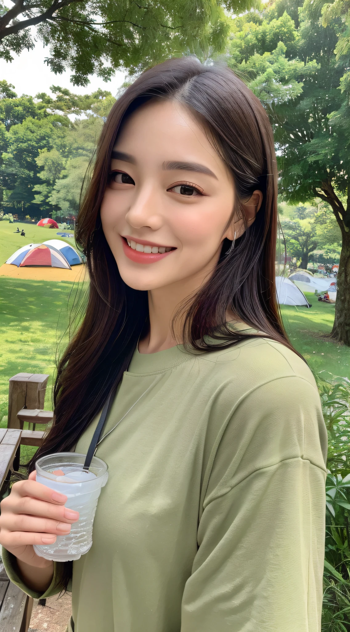 ((Best Quality, 8K, Masterpiece: 1.3)), Upper Body (1.3), Huge (5), Outstanding Style, Gentle Face, Parallel Eyebrows, Smile, Natural Makeup, Accentuated Clothes, Refreshing, Drinking Drinks at Camping, Walking Through the Trees of the City