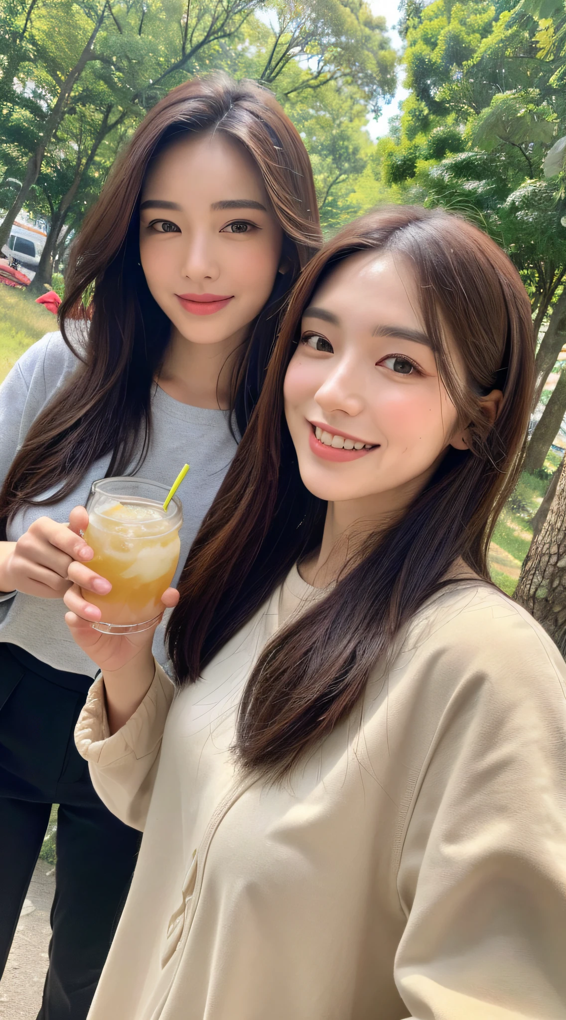 ((Best Quality, 8K, Masterpiece: 1.3)), Upper Body (1.3), Huge (5), Outstanding Style, Gentle Face, Parallel Eyebrows, Smile, Natural Makeup, Accentuated Clothes, Refreshing, Drinking Drinks at Camping, Walking Through the Trees of the City