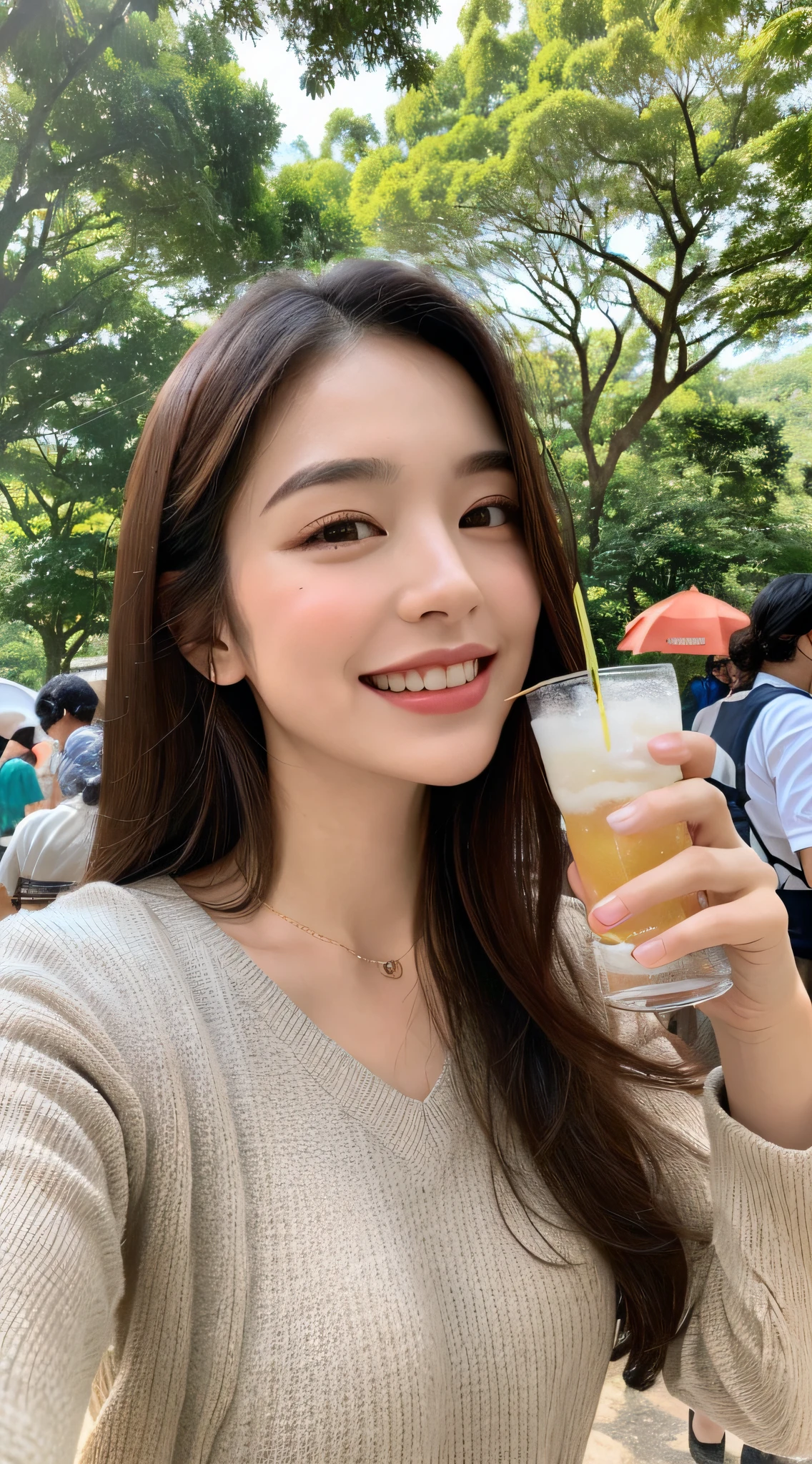 ((Best Quality, 8K, Masterpiece: 1.3)), Upper Body (1.3), Huge (5), Outstanding Style, Gentle Face, Parallel Eyebrows, Smile, Natural Makeup, Accentuated Clothes, Refreshing, Drinking Drinks at Camping, Walking Through the Trees of the City