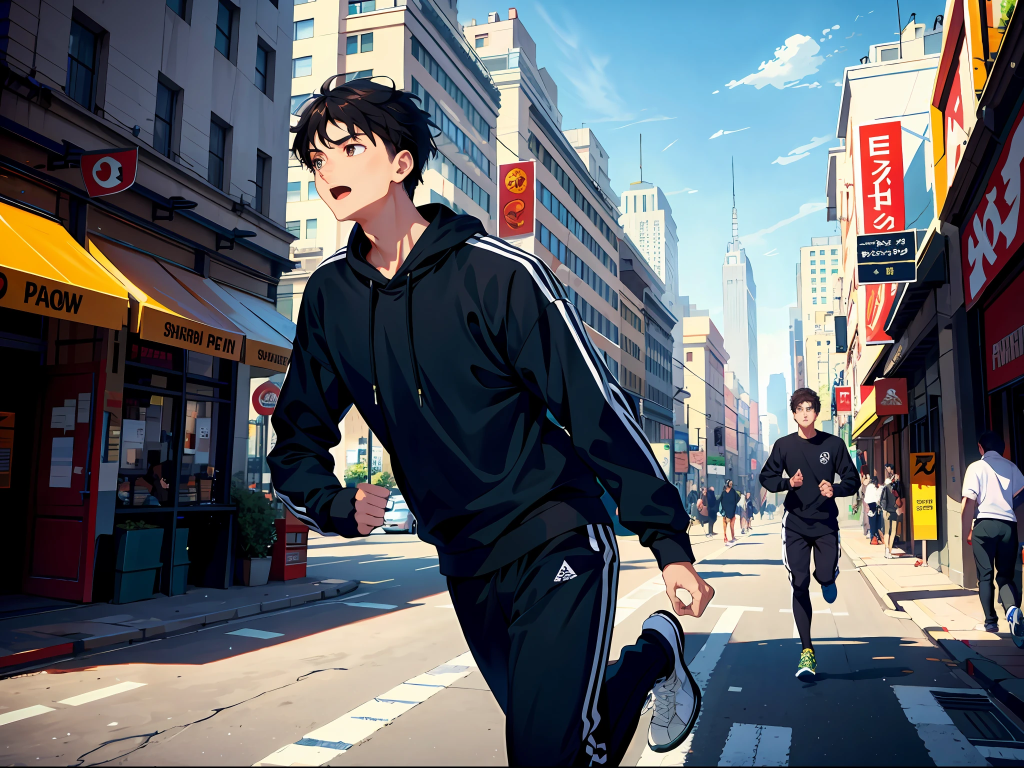 HD clear, best images, illustration quality, super detailed, a young man in a black casual sweatshirt, running on the streets during the day, crowd