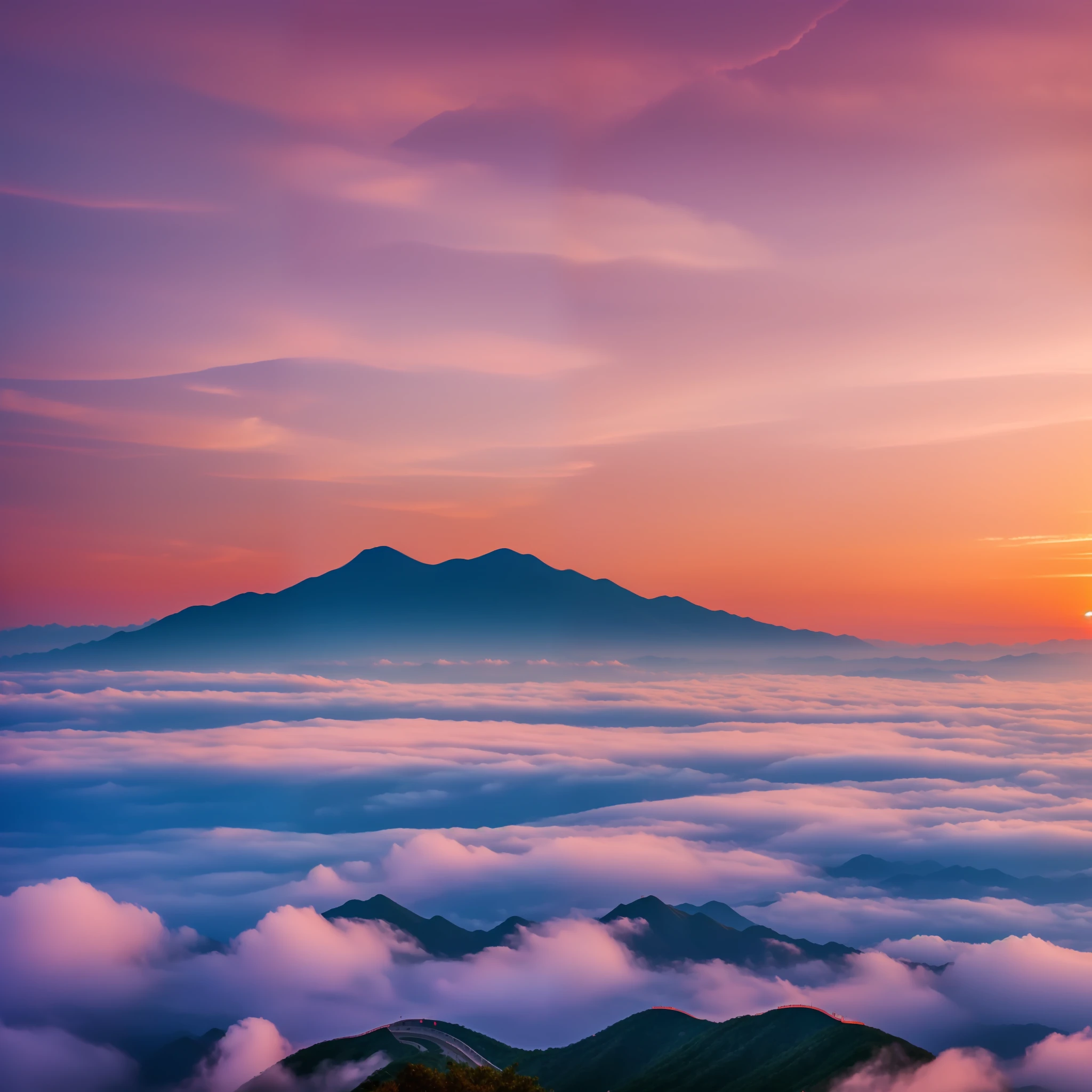 Mount Tai, landscape, sunset, sunset, clouds, real, sea of clouds, 4k, --auto --s2