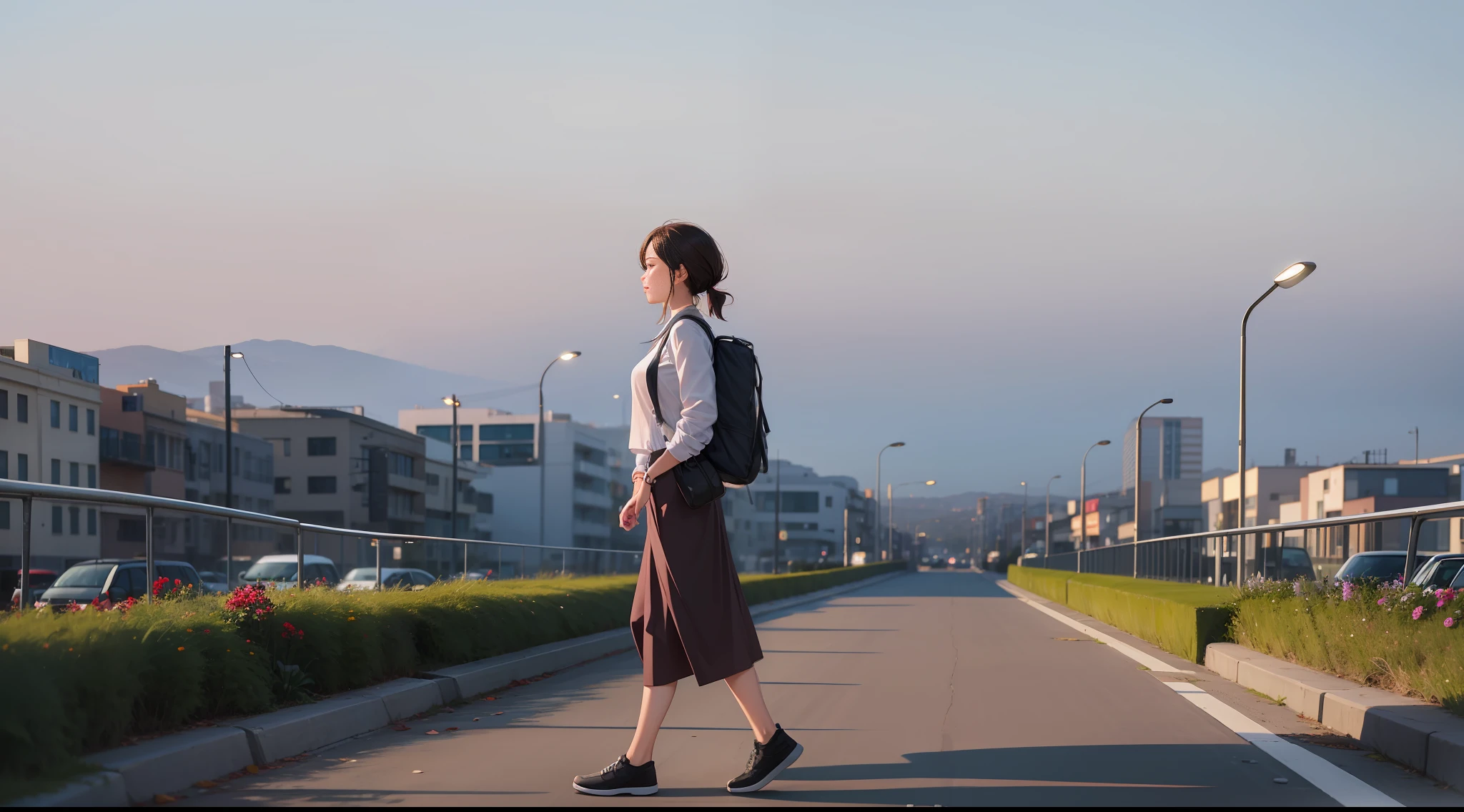 Woman, tired from walking, luggage, street