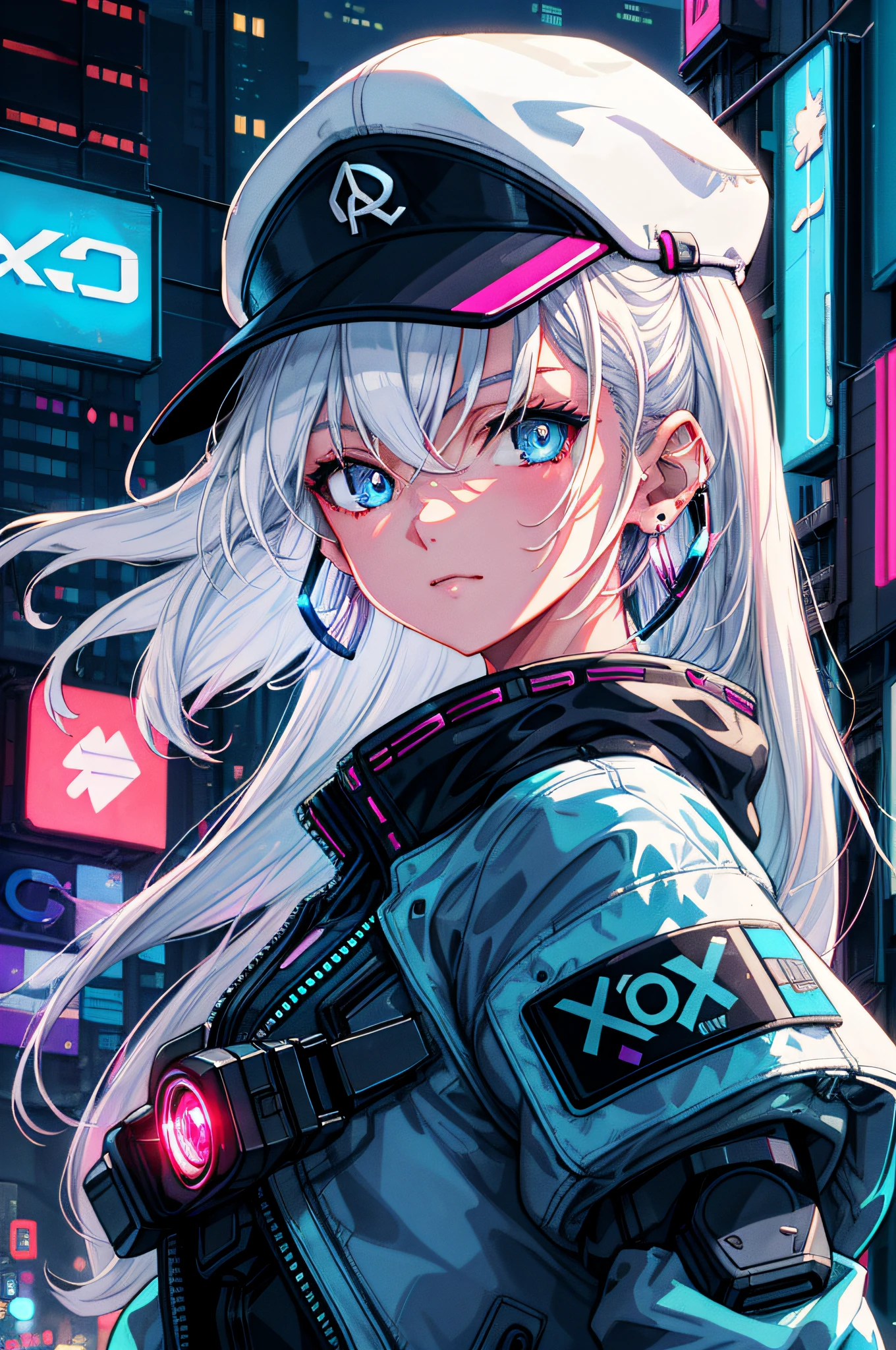 1 girl, solo, colorful, blue eyes, cyberpunk, cityscape, moon background, peace sign, earrings, white hair, hat, neon sign, beautiful lights, character focus, CG illustration, bust shot, white color jacket, 8k resolution, very detailed, anatomically correct, digital painting, concept art, clear picture,