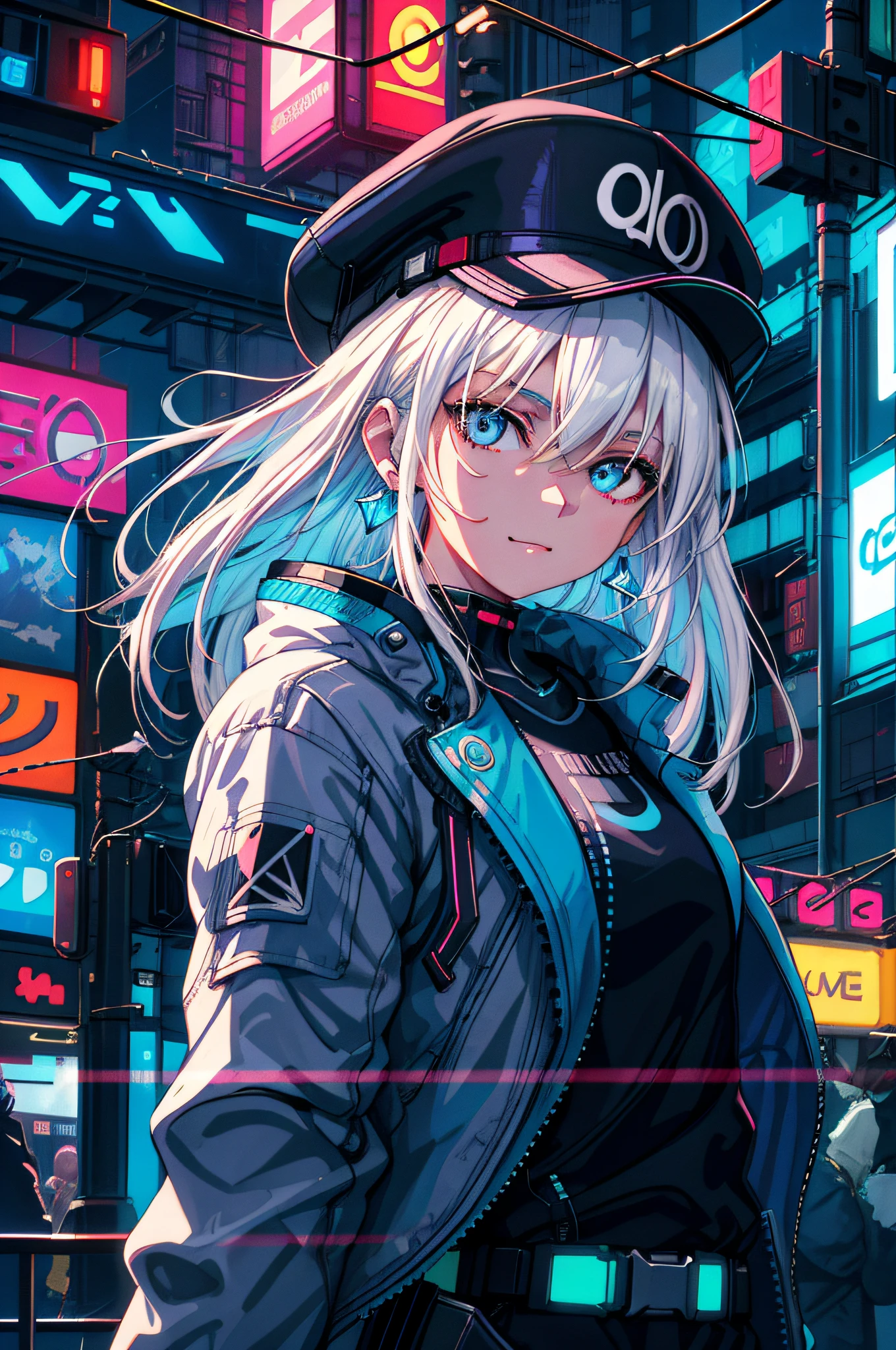 1 girl, solo, colorful, blue eyes, cyberpunk, cityscape, moon background, peace sign, earrings, white hair, hat, neon sign, beautiful lights, character focus, CG illustration, bust shot, white color jacket, 8k resolution, very detailed, anatomically correct, digital painting, concept art, clear picture,