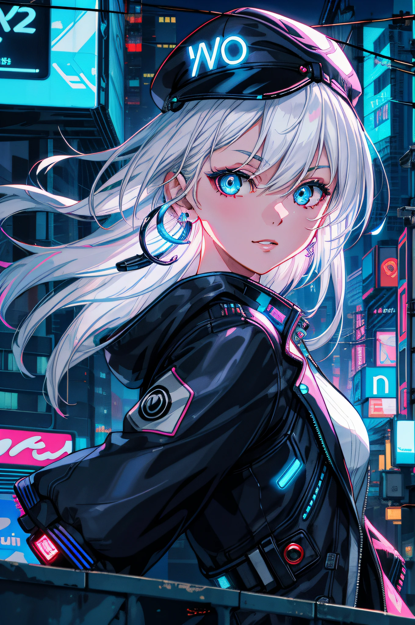 1 girl, solo, colorful, blue eyes, cyberpunk, cityscape, moon background, peace sign, earrings, white hair, hat, neon sign, beautiful lights, character focus, CG illustration, bust shot, white color jacket, 8k resolution, very detailed, anatomically correct, digital painting, concept art, clear picture,