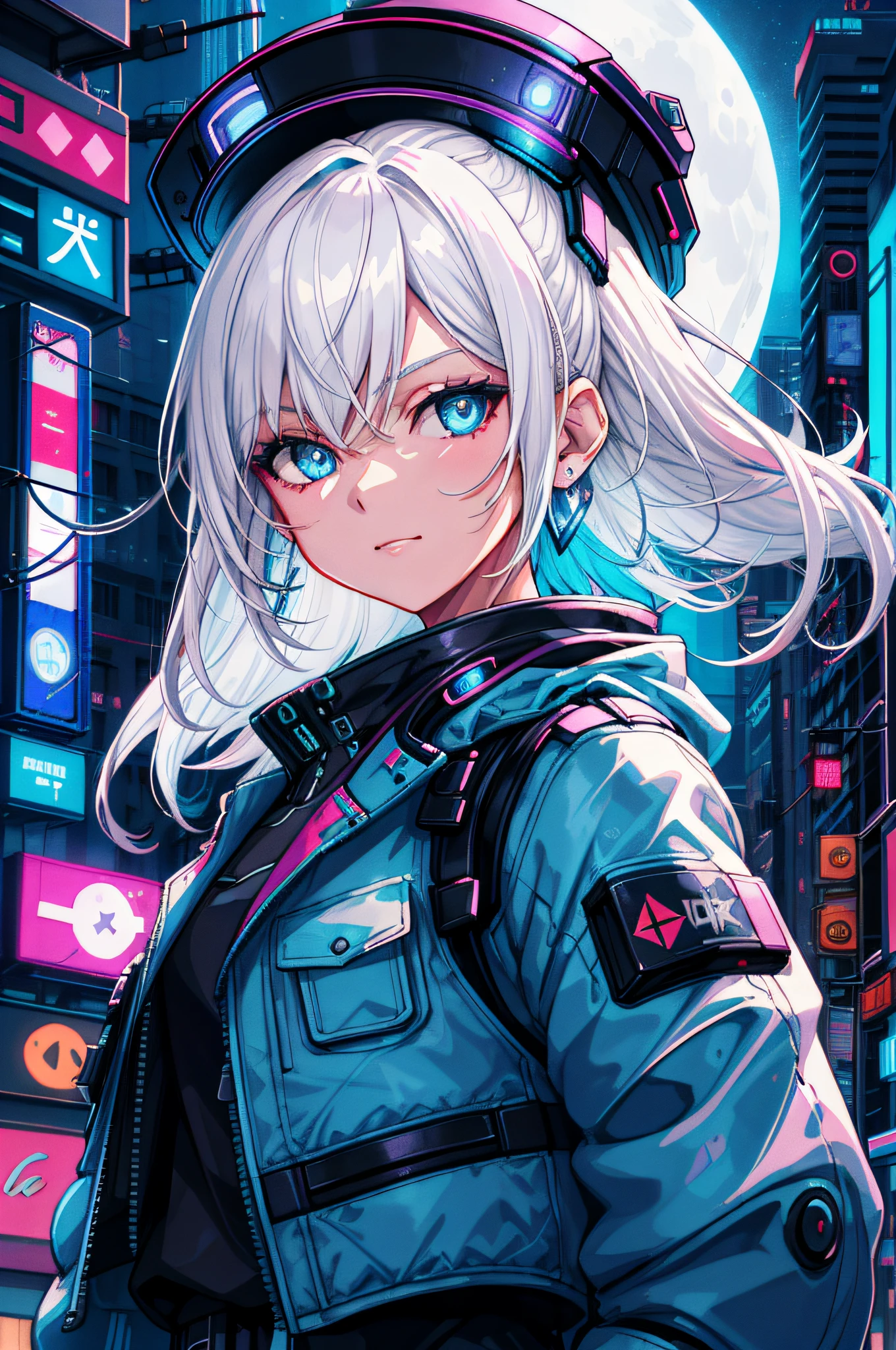 1 girl, solo, colorful, blue eyes, cyberpunk, cityscape, moon background, peace sign, earrings, white hair, hat, neon sign, beautiful lights, character focus, CG illustration, bust shot, white color jacket, 8k resolution, very detailed, anatomically correct, digital painting, concept art, clear picture,