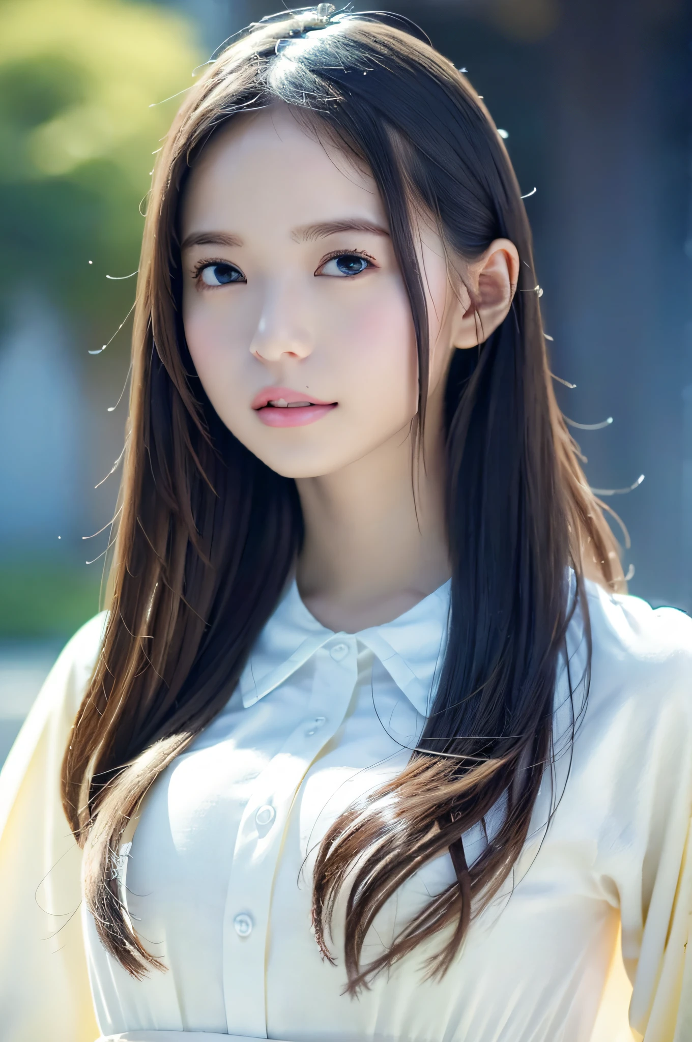 best quality, white skin, real human skin, (detailed fac), oval face, pores, ultra high res, (8k, RAW photo, photorealistic:1.4), 1girl, slim, (looking at viewer with a serene and goddess-like happiness:1.2), ( lipgloss, eyelashes, gloss-face, best quality, ultra highres, Broad lighting, natural shading), oversized jacket, fashion shirt,  cityscape,