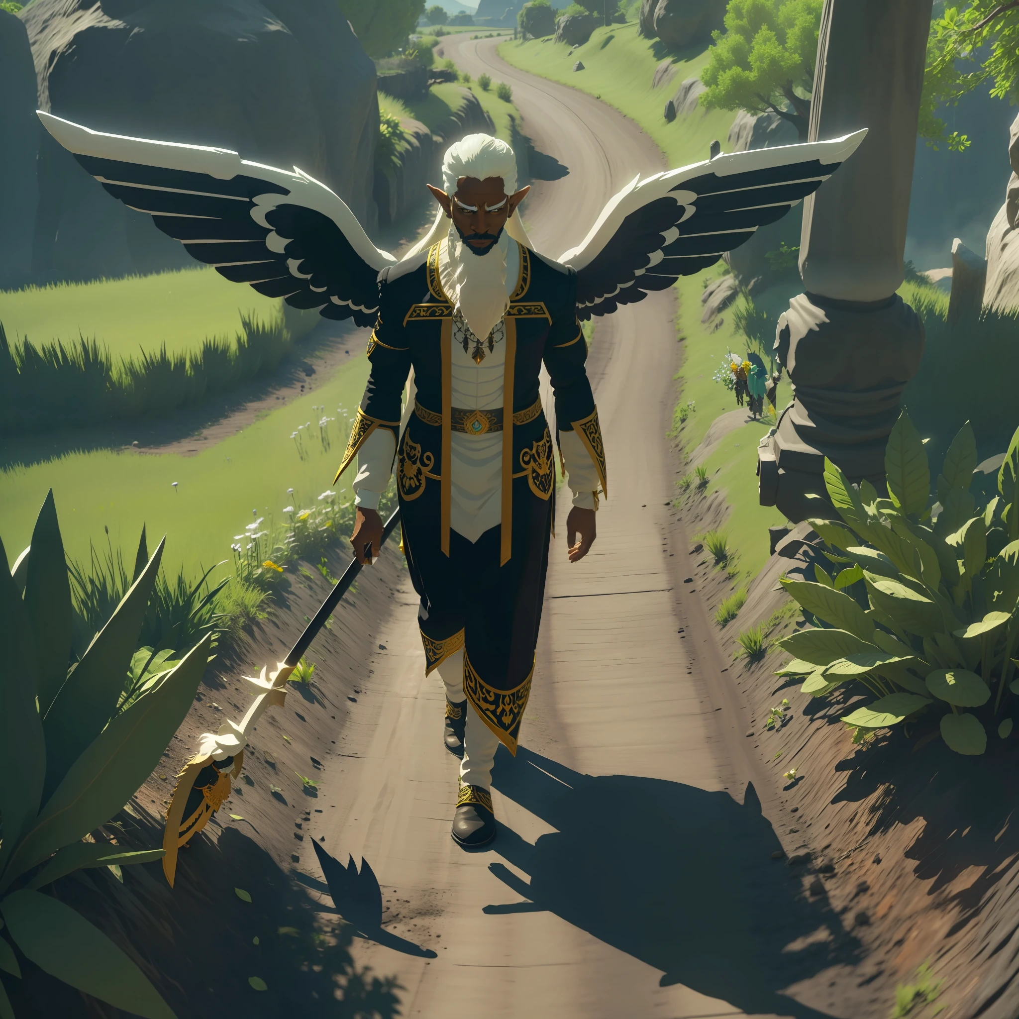 1 black angel with pointed ears and long white hair and huge wings on his back, with staff in hand, on a road with plants, full body, male, beautiful black face, high quality, 4k