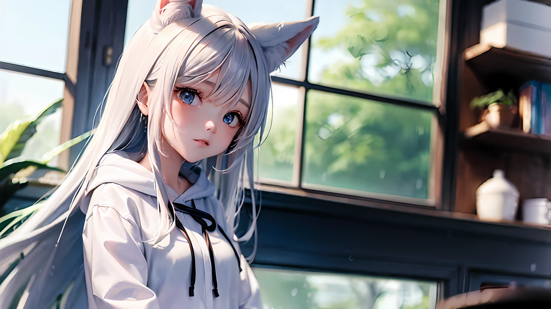 1girl, (masterpiece:1.1), (best quality:1.1), (white blouse:1.1), (格子裙:1.1), 校服, 高腰裙, BREAK [blue:pink:0.5] 主题, (gradient background: 1.1), 牛仔镜头, BREAK 银发, 长发,, 绿色的眼睛, 精致的头饰, 侧身,1girl,animal_ear_fluff,animal_ears,bathtub,blinds,blue_eyes,bookshelf,branch,clock,couch,day,fox_ears,hair_intakes,hood,hood_down,hooded_jacket,hoodie,indoors,jacket,leaf,long_hair,long_sleeves,looking_at_viewer,parted_lips,picture_frame,plant,potted_plant,rain,see-through,shirt,silver_hair,solo,upper_body,very_long_hair,wet,wet_clothes,wet_hair,wet_shirt,white_hoodie,white_jacket,white_shirt,window
