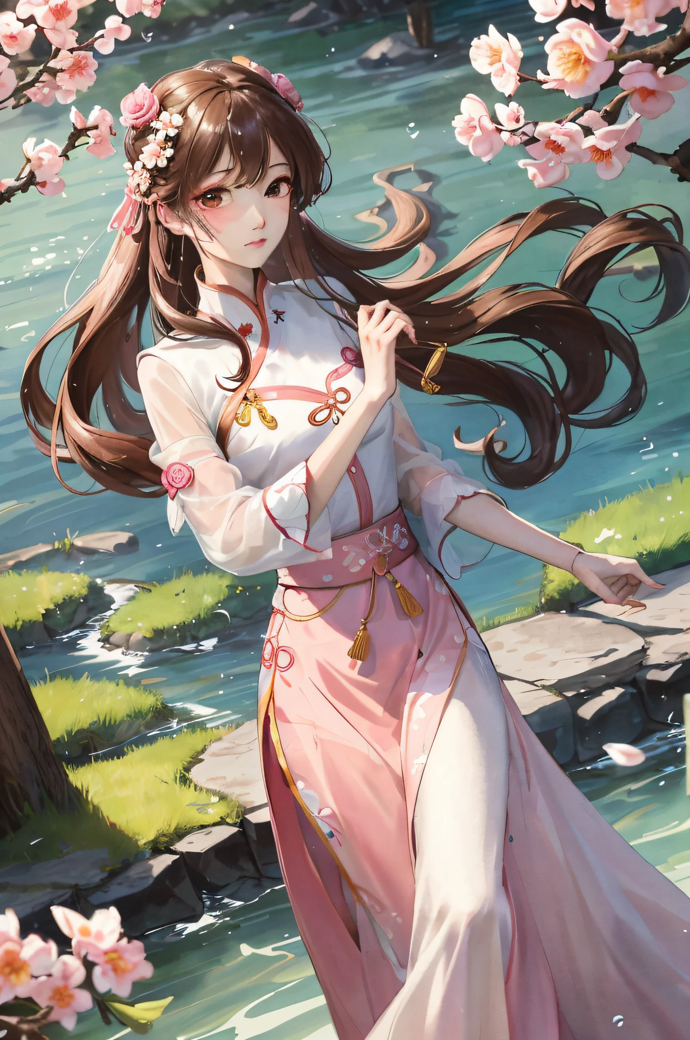 anime girl in a pink dress walking by a pond with flowers, palace ， a girl in hanfu, artwork in the style of guweiz, beautiful character painting, by Leng Mei, flowing hair and long robes, guweiz, cute anime waifu in a nice dress, beautiful anime portrait, guweiz on pixiv artstation, beautiful maiden