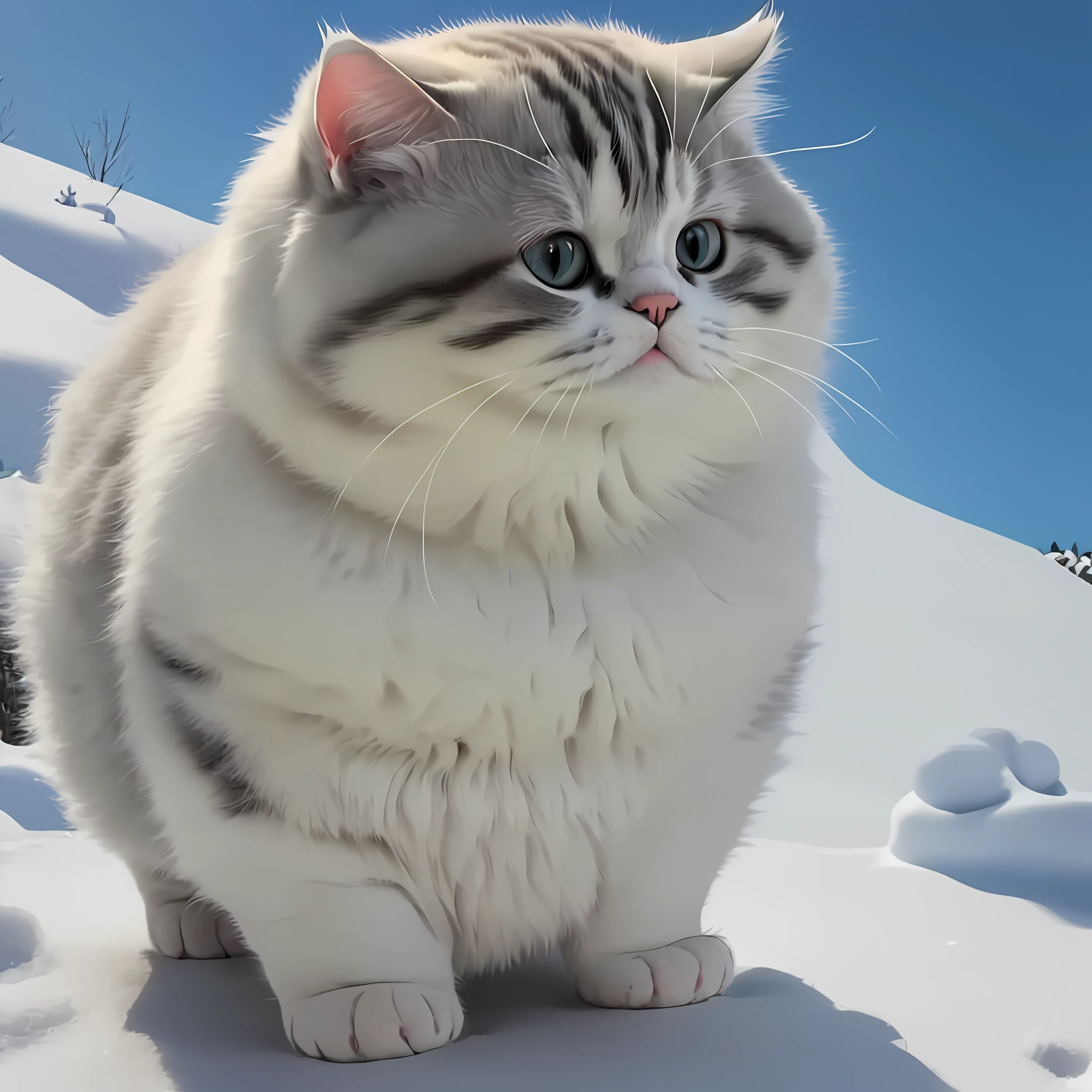 there is a cat that is standing in the snow, chonker cat, fat cat, fluffy body, fat chibi grey cat, kawaii cat, cute cat photo, awesome cat, a cute cat, exotic shorthair cat, the cat is fluffy, cute cat, pudgy, she has a jiggly fat round belly, realistic anime cat