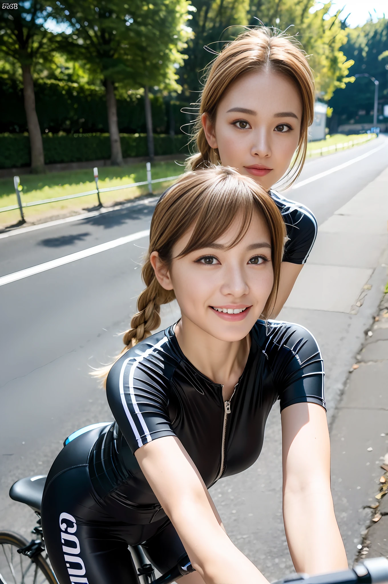 (8k, raw photo), film grain, ultra high resolution, ultra detail, (super skin detail), incredibly absurd, strong rim lights, asian, slim girl, seductive smile, staring, small, tattoo, braided hair, blonde hair, ((light brown hair)), (photoreal: 1.3) daylight, 1 girl, outdoor, (black shirt: 1.2), (urban)))), (highly detailed face), (bangs) , body, cycling girls, cycling, cycling wear, bicycle, road bike, sport, tour de France, (road bike), (cycle wear women), touring, motorcycle