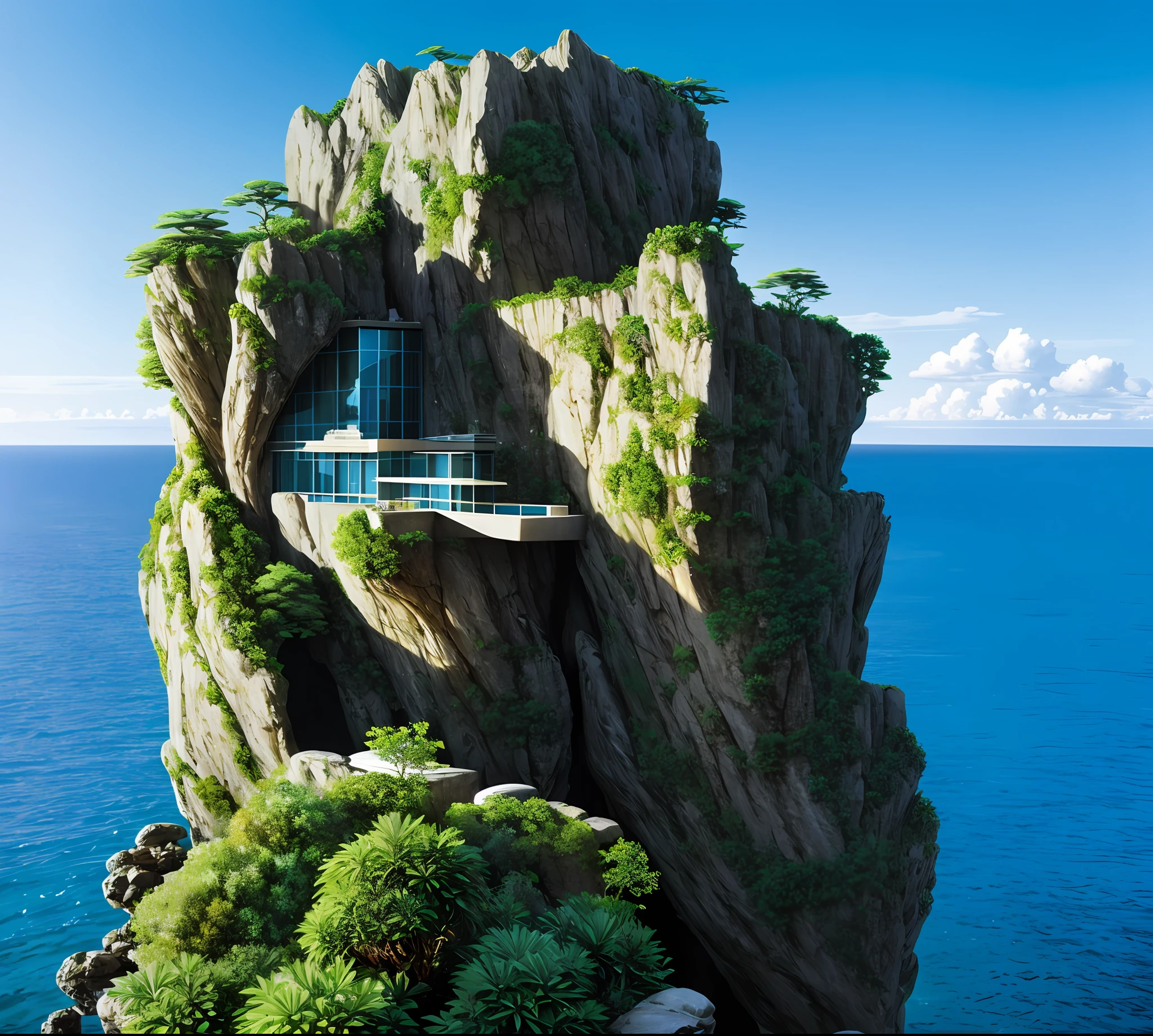 a modern futuristic design large cliff House's with a artificial waterfall and a pool in the middle, nature meets architecture, built around blue ocean, realistic beehive architecture, organic architecture, very close to real nature, breathtaking render, island with cave, stunning architecture, luxury architecture, realistic fantasy render, by Zha Shibiao, epic and stunning, architectural visualization, epic architecture, concept art. 8 k