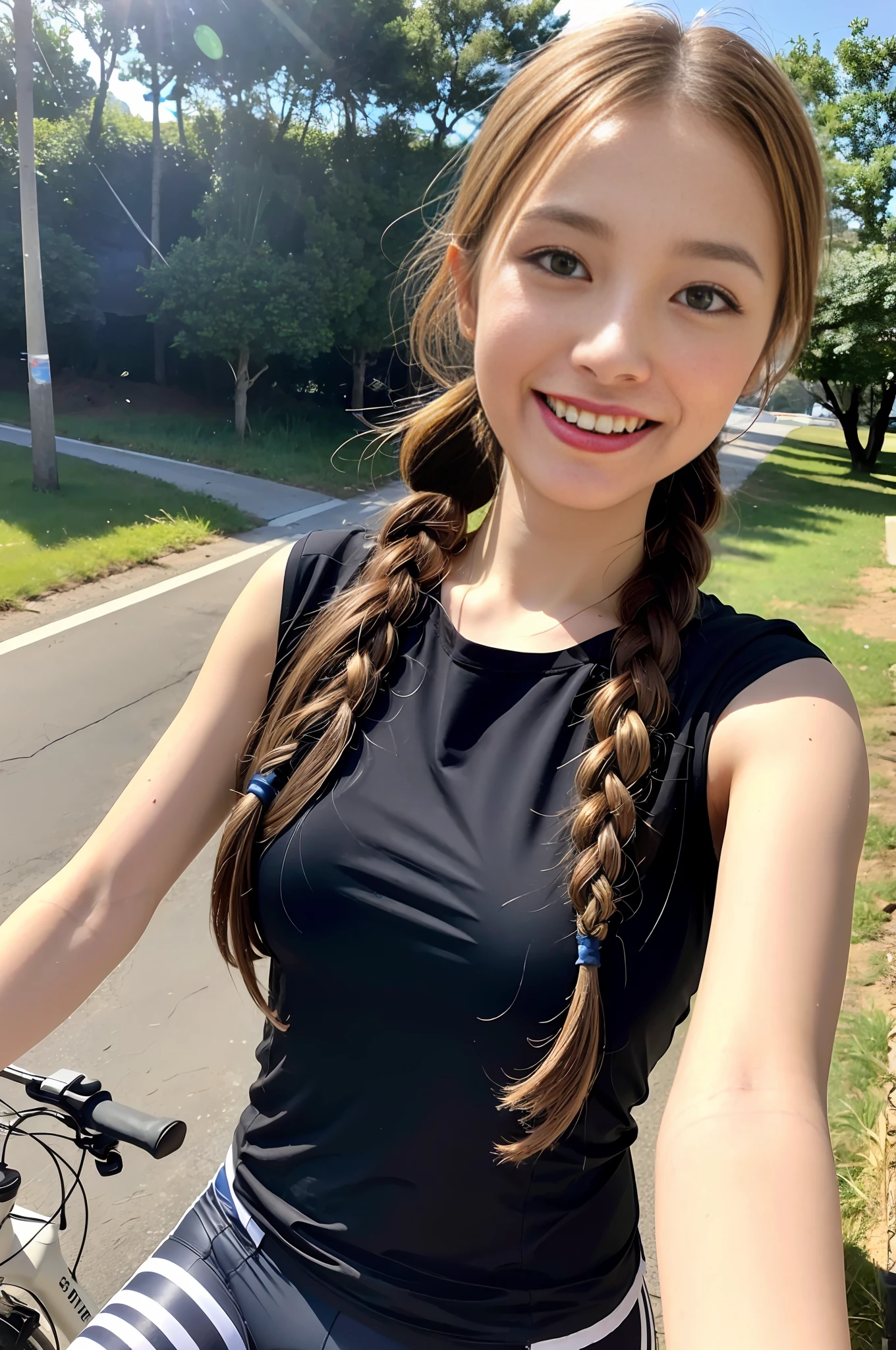(8k, raw photo), film grain, ultra high resolution, ultra detail, (super skin detail), incredibly absurd, strong rim lights, asian, slim girl, seductive smile, staring, small, tattoo, braided hair, blonde hair, ((light brown hair)), (photoreal: 1.3) daylight, 1 girl, outdoor, (black shirt: 1.2), (urban)))), (highly detailed face), (bangs) , naked body, cycling girls, cycling, cycling wear, bicycle, road bike, sport, tour de France, (road bike), (cycle wear women), touring, motorcycle