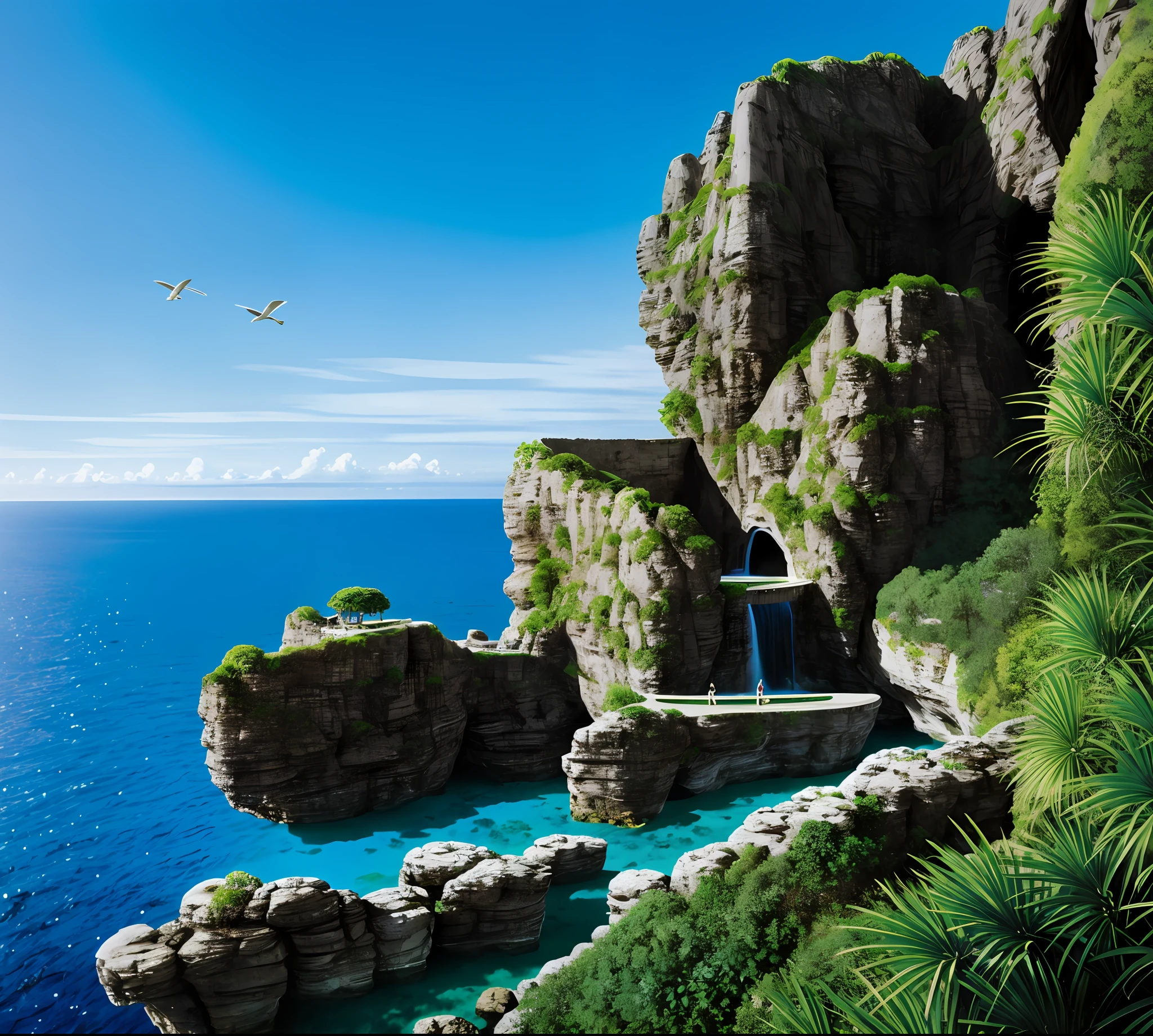 a modern futuristic design large cliff House's with a artificial waterfall and a pool in the middle, nature meets architecture, built around blue ocean, realistic beehive architecture, organic architecture, very close to real nature, breathtaking render, island with cave, stunning architecture, luxury architecture, realistic fantasy render, by Zha Shibiao, epic and stunning, architectural visualization, epic architecture, concept art. 8 k