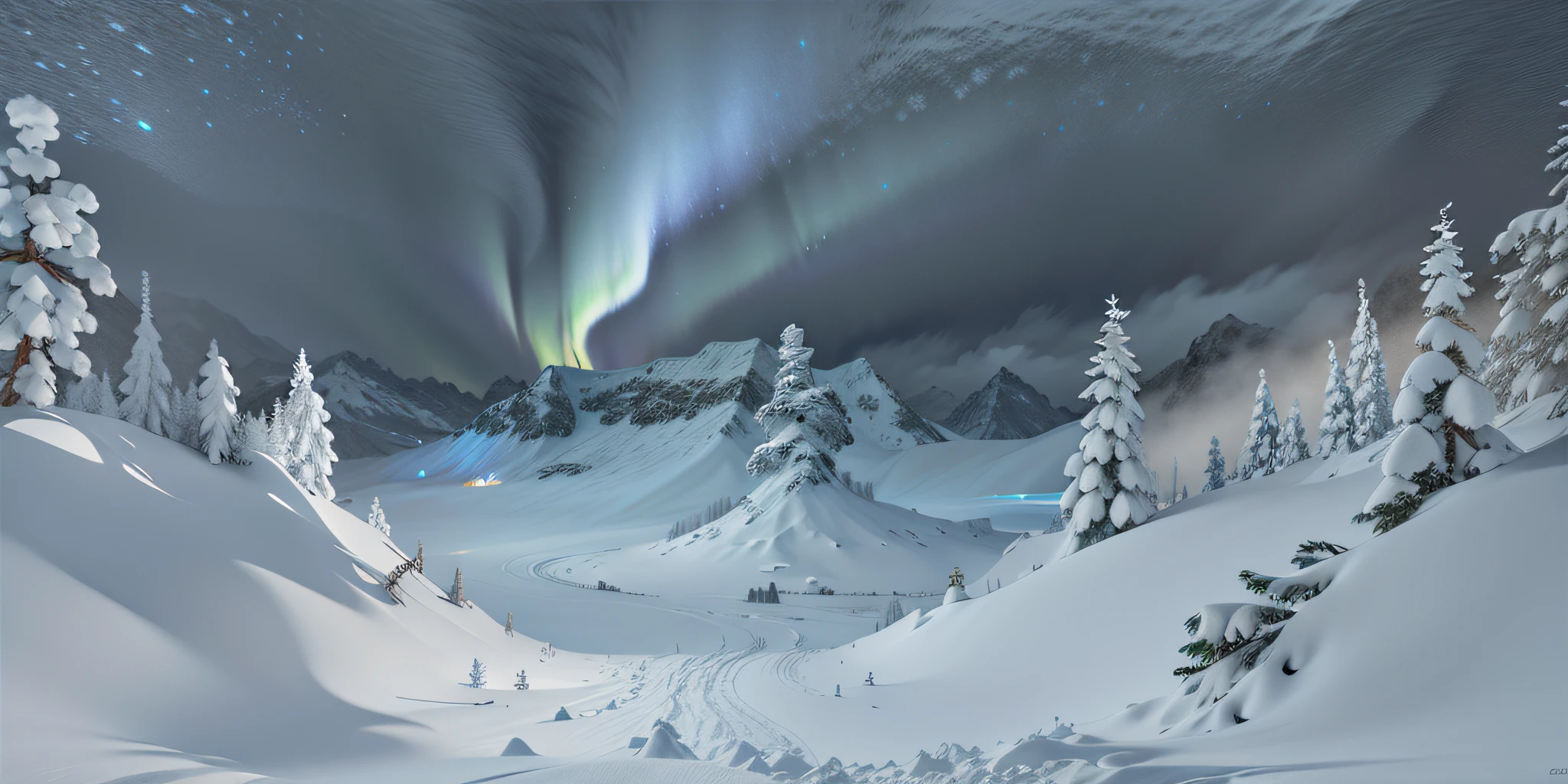 There is a snowy mountain, snow-covered forest, surreal frozen landscape, snowstorm in the mountains, 3D matte painting, winter scene fantasy, 8K matte painting, 8K matte painting, 3D rendering matte painting, gorgeous Northern Lights, 4K HD matte digital painting, 4K highly detailed digital art, winter concept art, 4K matte painting, snow environment