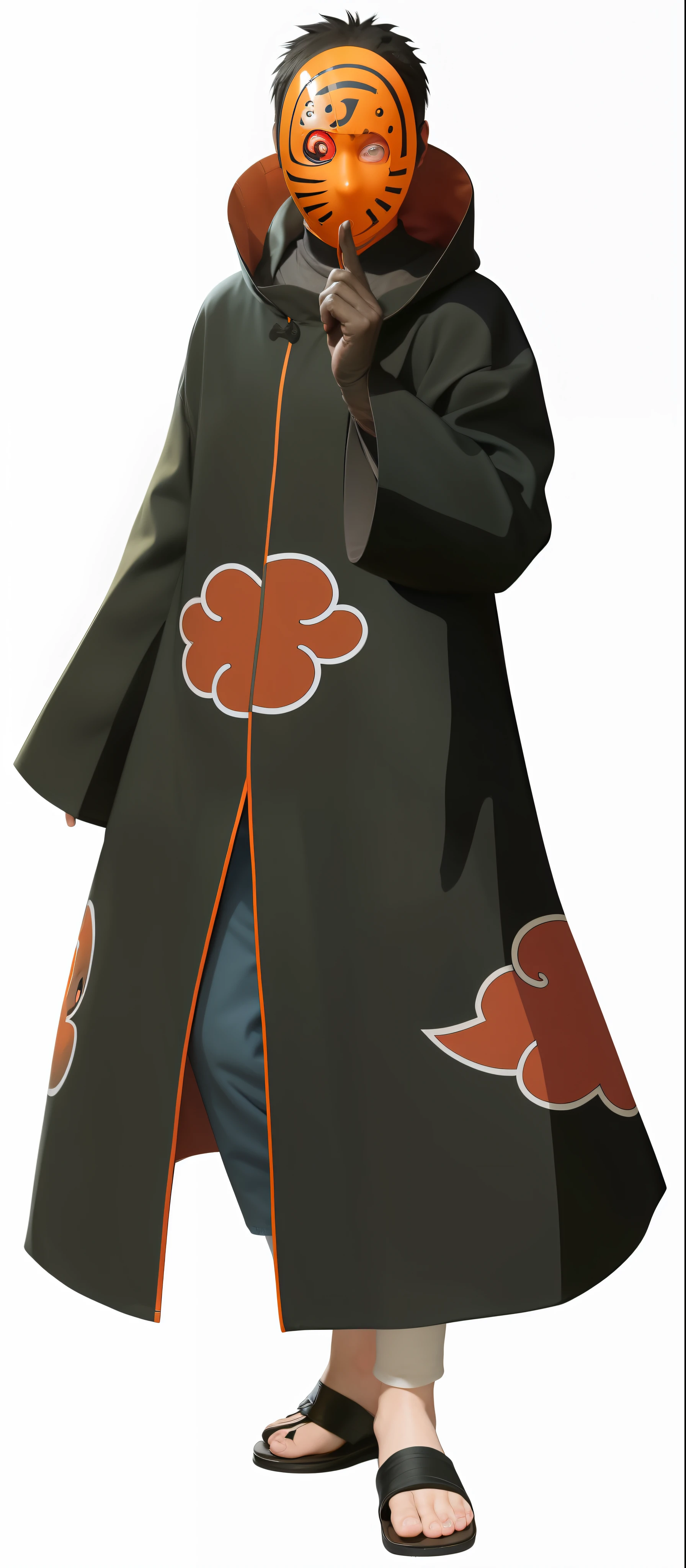 best quality, masterpiece, (realistic: 1.2), 1 man, real life, live action, blue jeans, blue pants, black hair, Naruto Shippuden, Tobi, Obito, walking, facing front, looking at screen, orange mask , spiral mask, black robe, red clouds, Akatsuki, Akatsuki robe