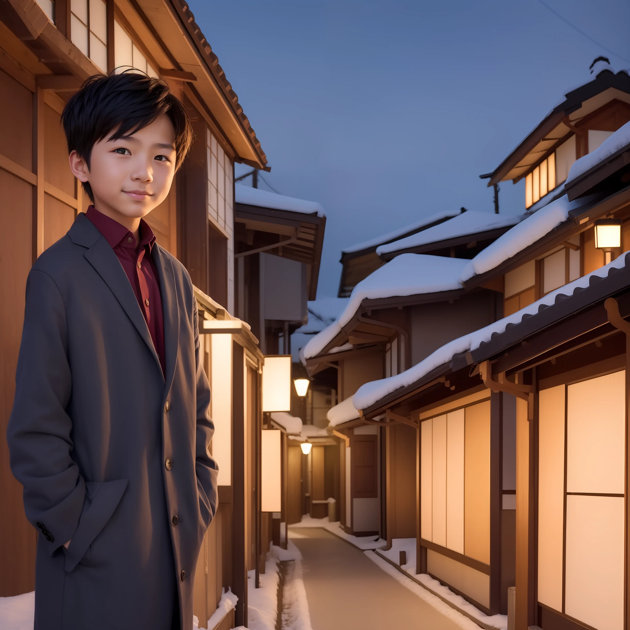 One boy in Japan 15 years old, sad but kind and strong smile, president of IT company, red brick house in winter, sideways, night city