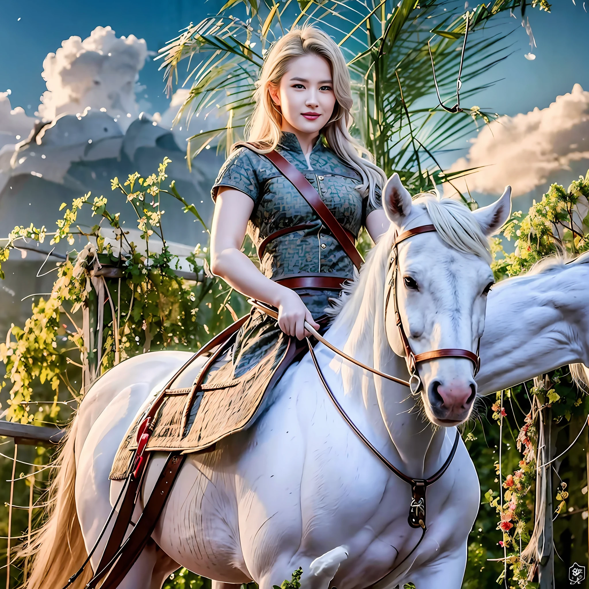 Archery single ponytail blonde full body 1.76m Riding a white horse Image size 1920*1280 Goose egg face, hair over one eye, grin, color contact lenses, hairpin, backlighting, 4K --auto --s2