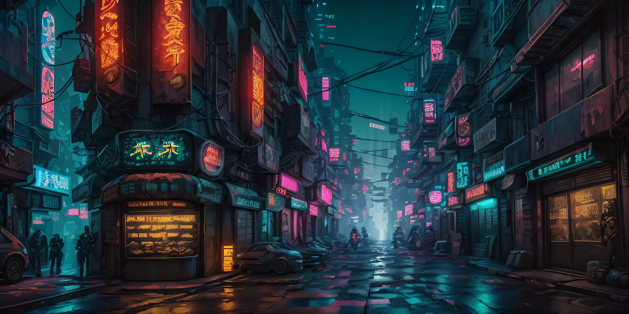 a dark alley with neon signs and cars on the side, cyberpunk street, cyberpunk city street, cyberpunk alley, cyberpunk streets at night, cyberpunk night street, hyper realistic cyberpunk city, cyberpunk atmosphere, cyberpunk aesthetics, in cyberpunk city, cyberpunk street at night, cyberpunk vibe, futuristic street, cyberpunk in a cyberpunk city, cyberpunk aesthetic, cyberpunk vibes, blade runner vibes