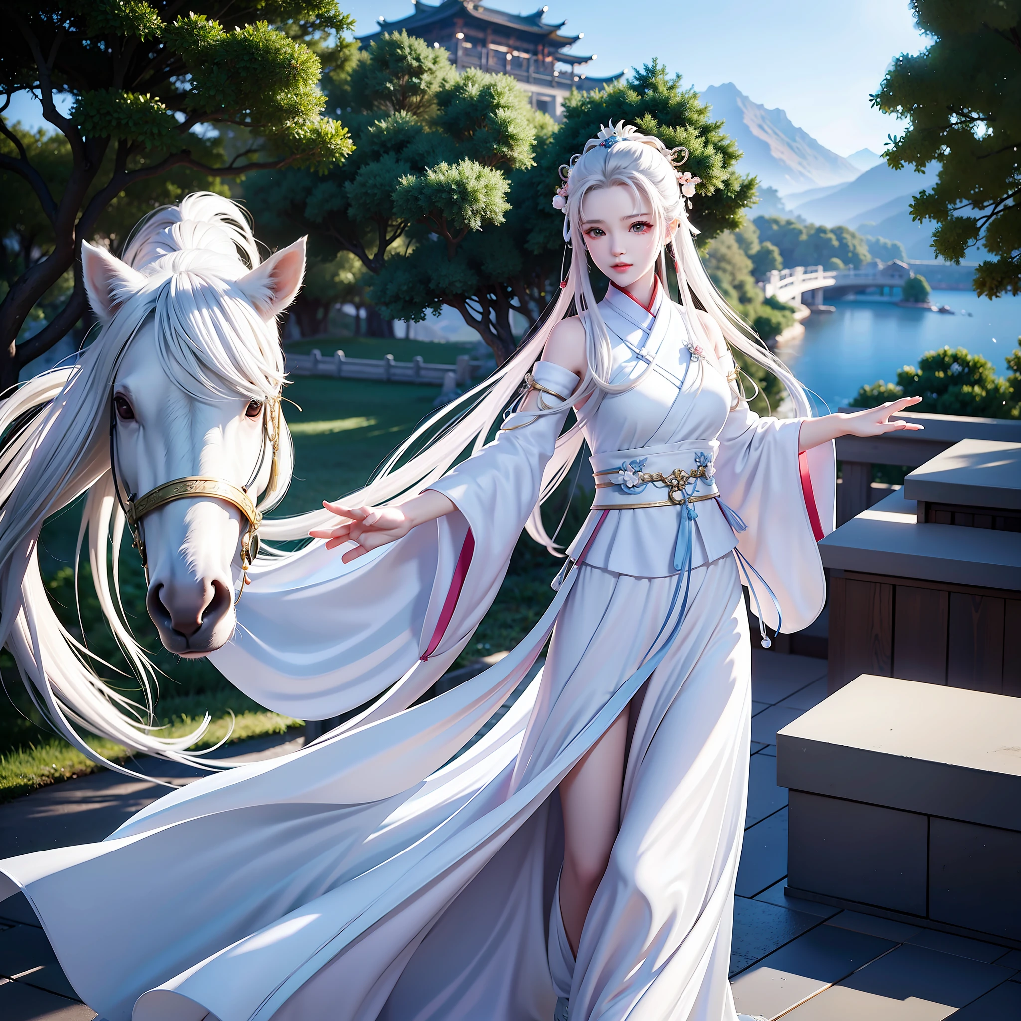 Wuxia, white horse, white robe, long hair, ancient buildings, deep mountains