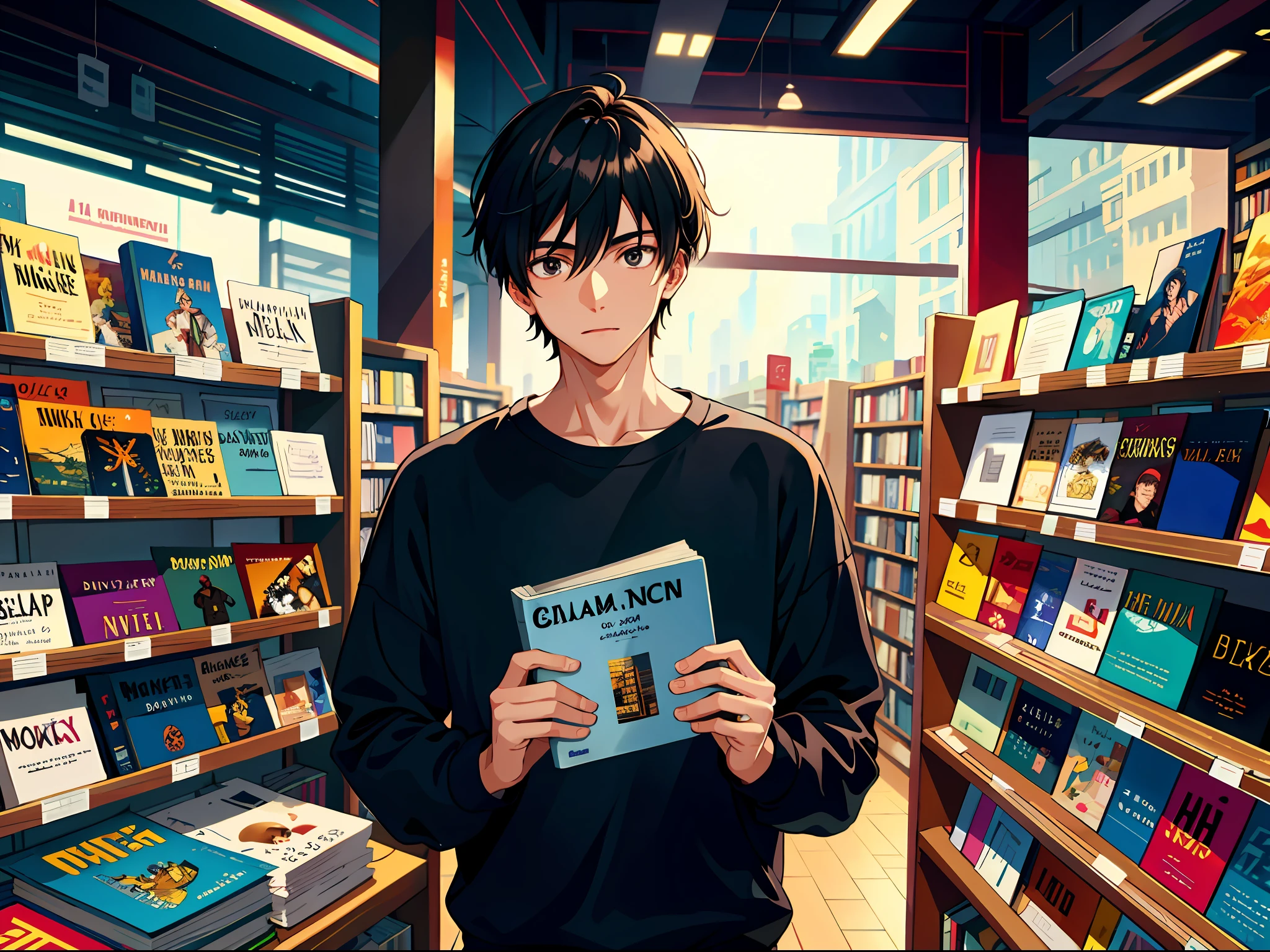 HD clear, best images, illustration quality, super detailed, a young man in a black casual sweatshirt, buying books in a bookstore, bright background