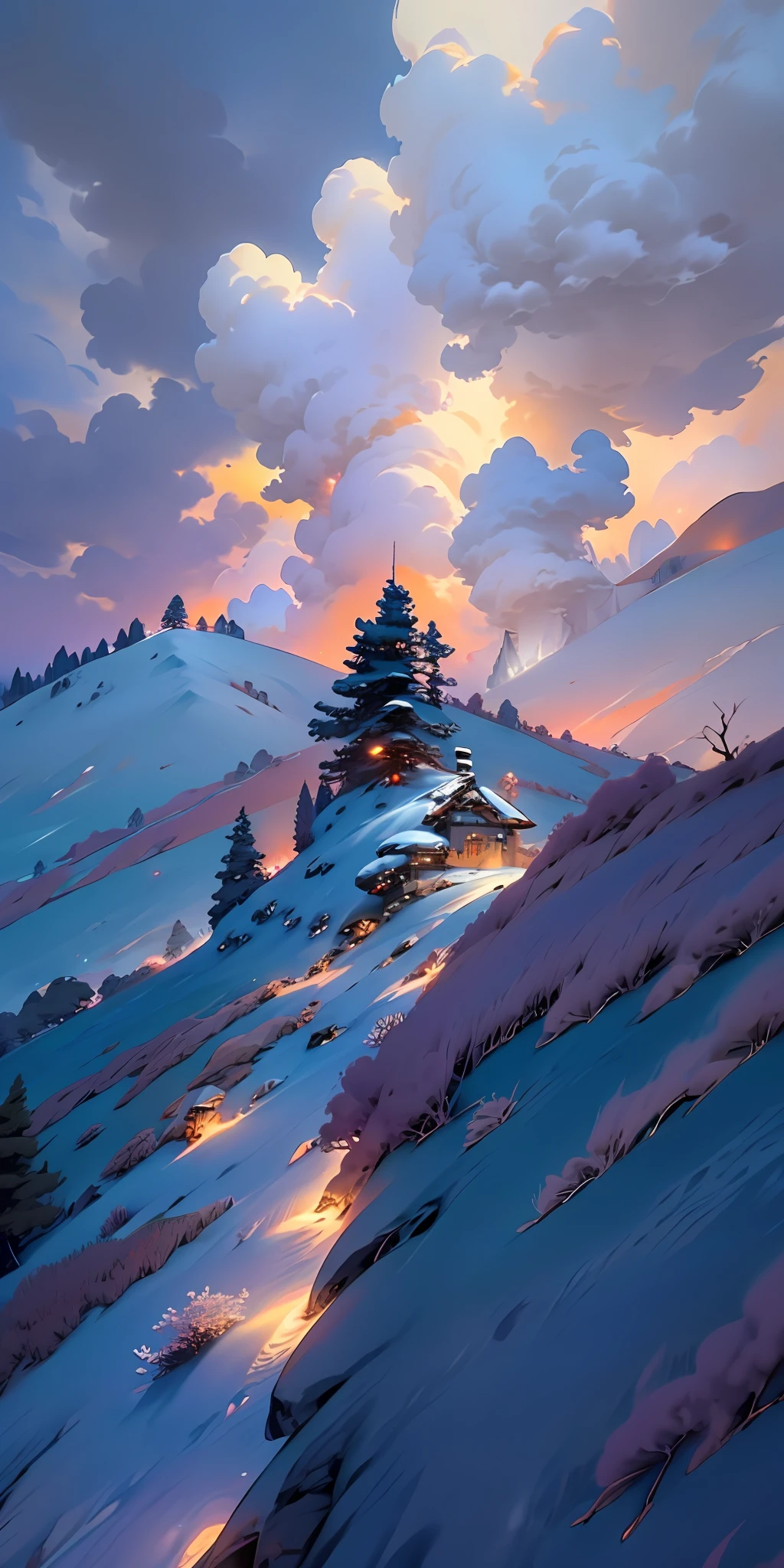 Bonfire on the top of the mountain, sea of clouds, flames, light and shadow effects, aperture 16, super high quality, snowy mountains, sunset, sunset, surrealism