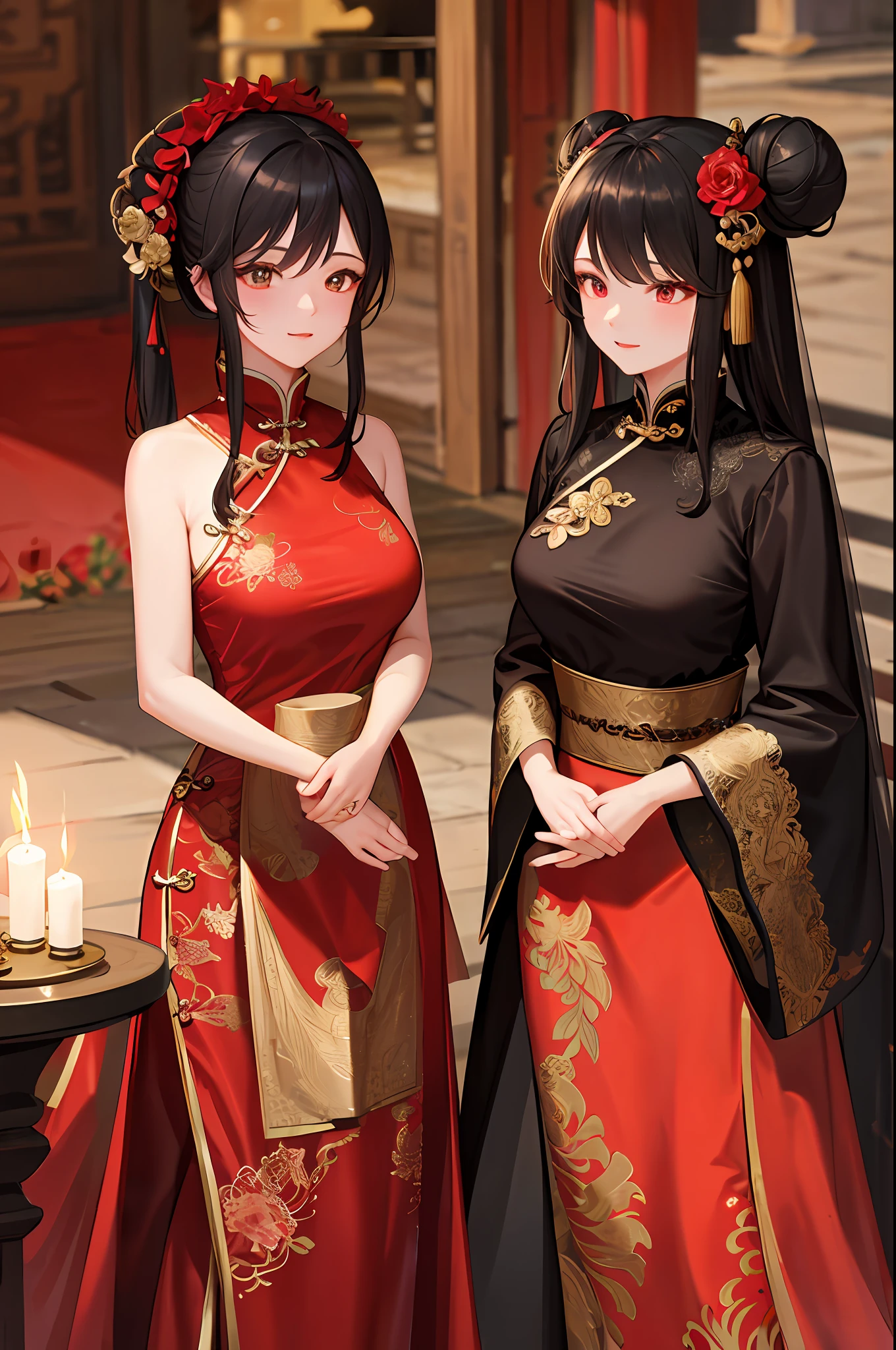 Masterpiece, Superb Product, Cave House Flower Candle Night, Wedding Scene, 1 Daughter, Mature Woman, Chinese Style, Sister, Royal Sister, Chinese Costume Red Wedding Dress, Bun, Black Long-Haired Woman, Gentle, Intellectual, Three Belts, Wedding Background, Wan, Red Lantern