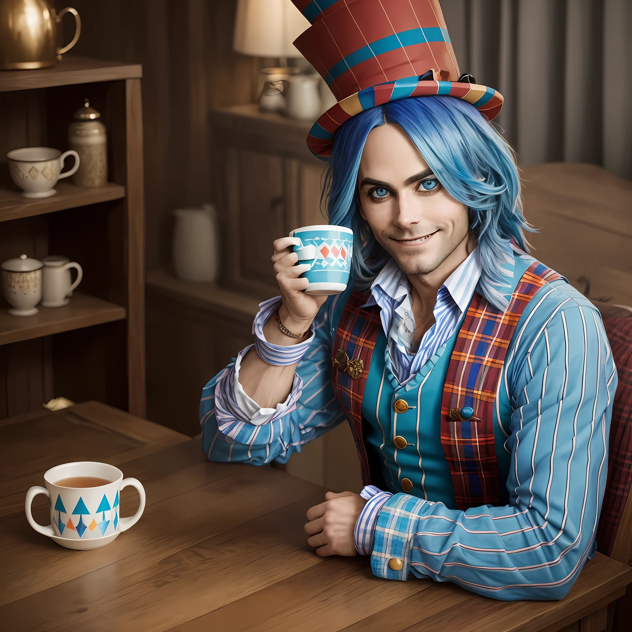 Jaret leto as crazy hatter dressed in blue outfit with plaid and stripes, smiling with a mug of tea --auto --s2