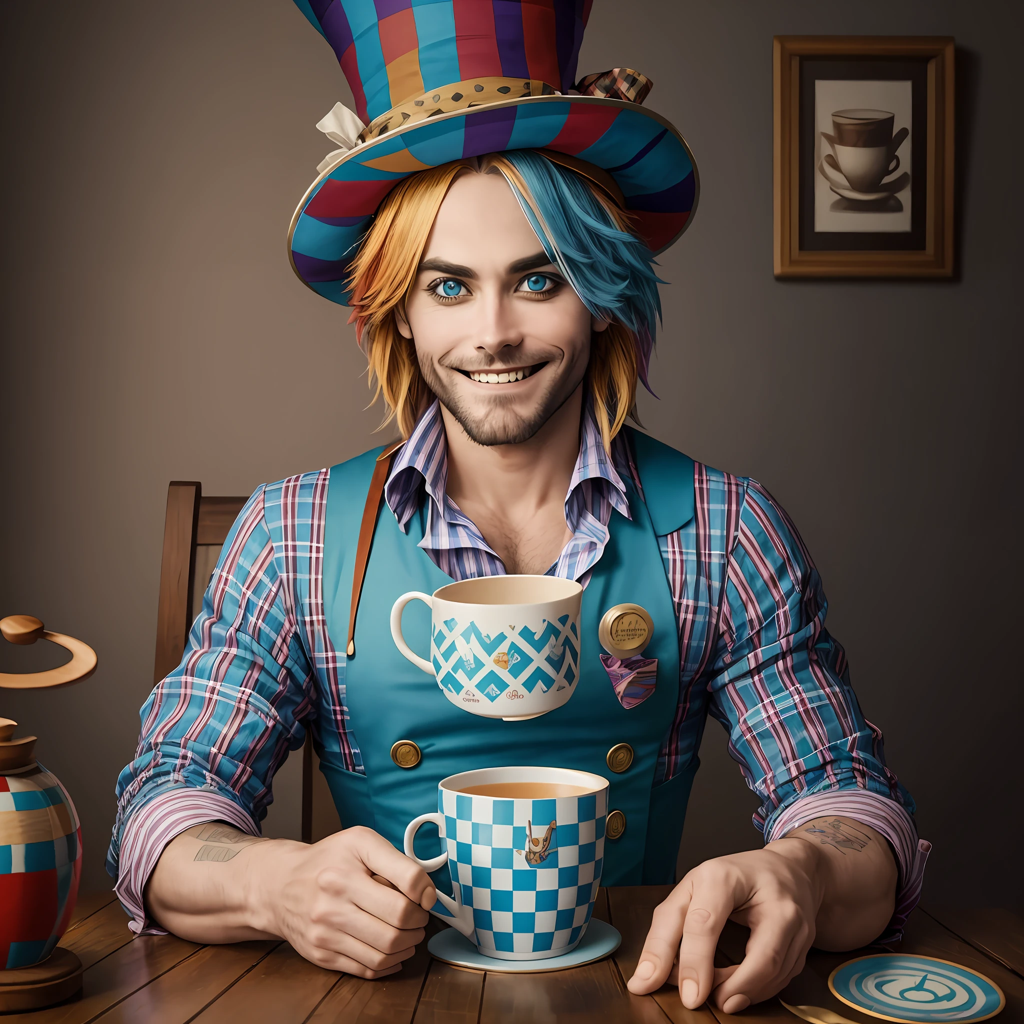 Jaret leto as crazy hatter dressed in blue outfit with plaid and stripes, smiling with a mug of tea --auto --s2