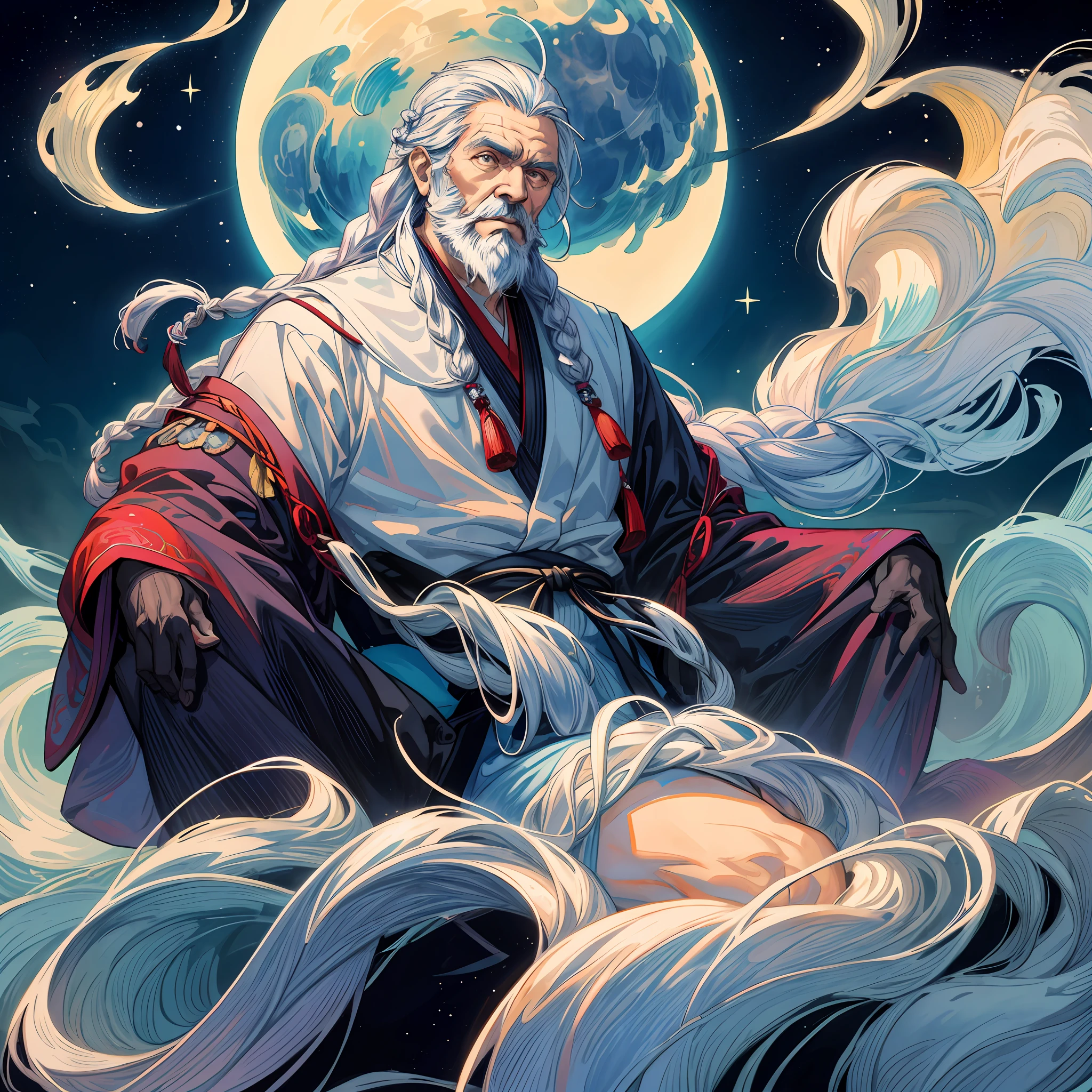 Masterpiece, top quality, 1 grandfather, long beard, braided hair, an old man in Chinese Hanfu, moon, stars, very mysterious, body surrounded by clouds, flowing colors, flowing ink, amazing Chinese fantasy style, style by Miho Hirano hyper-realistic high detail, 8K,