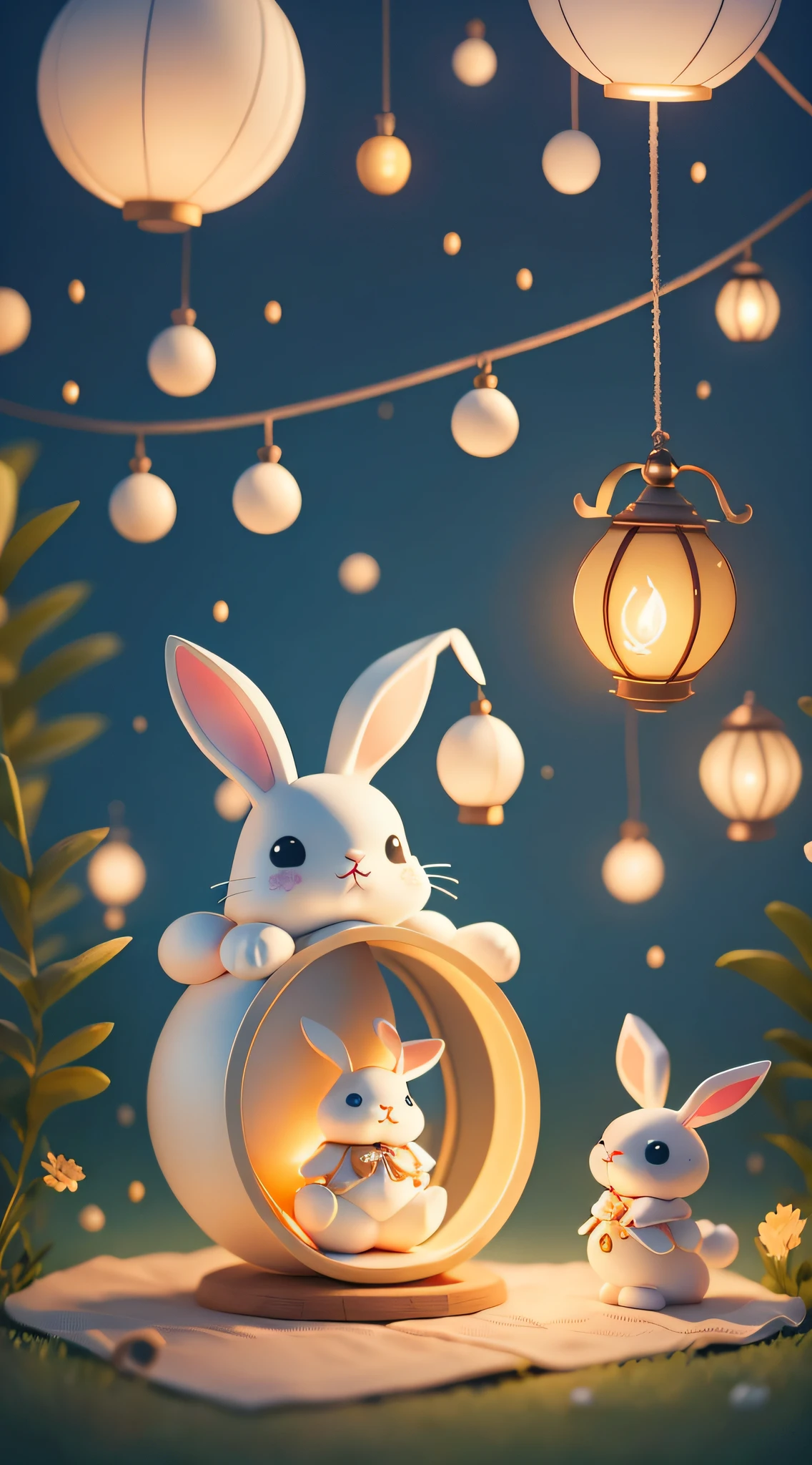 Light color simple illustration style, cute cartoon bunny sitting on a big pie, holding a lantern, surrounded by three bunnies, hanging a shiny lantern, the background needs to be simple, the cool breeze of the summer night blows, the sky has a bright moon, in a strong festive atmosphere. --auto --s2