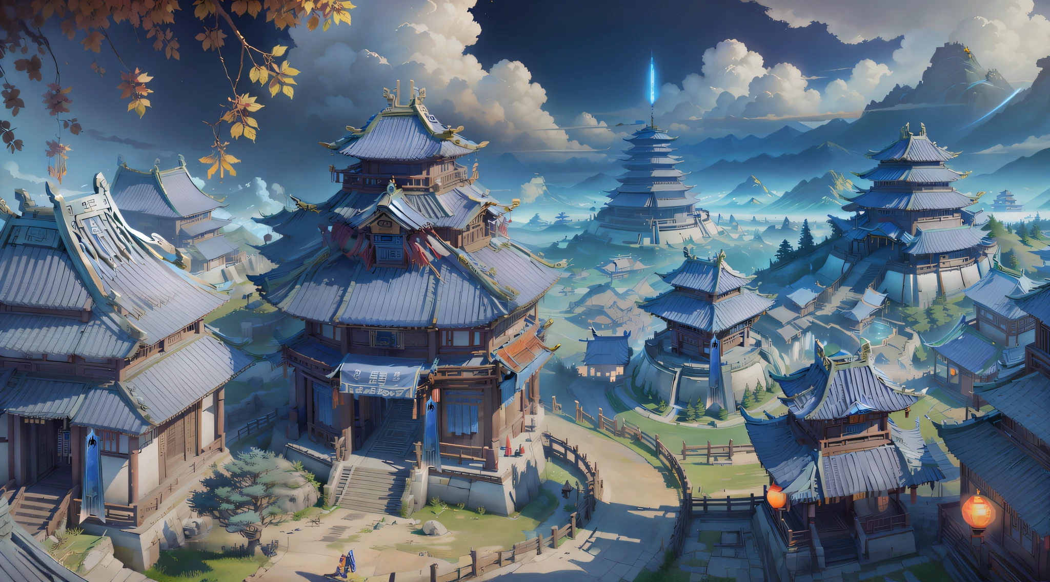 there is a picture of a painting of a village with a castle, onmyoji detailed art, painted as a game concept art, onmyoji, g liulian art style, riot games concept art, background artwork, stylized concept art, cyberpunk chinese ancient castle, dojo on a mountain, digital painting of a pagoda, chengwei pan on artstation