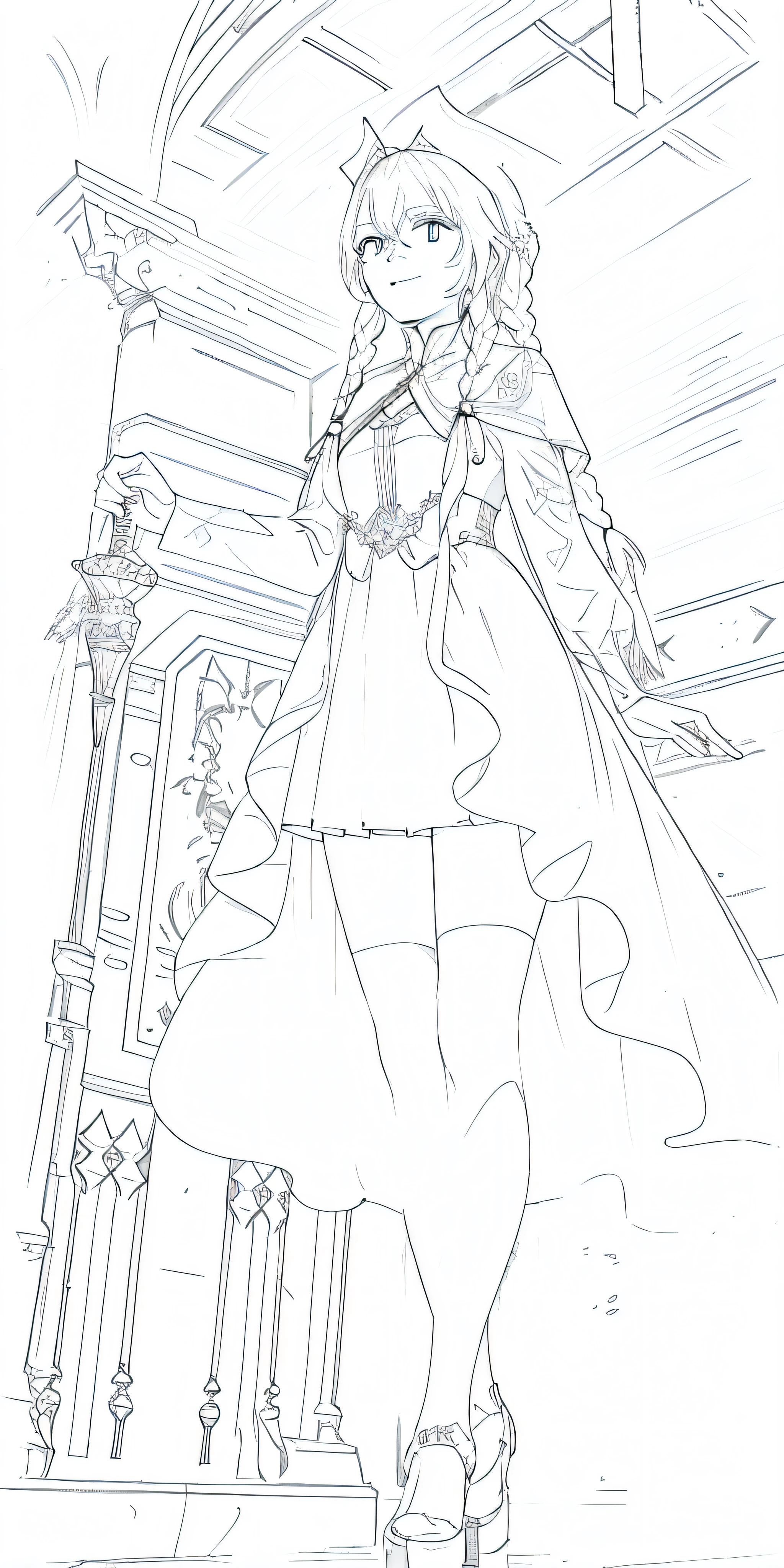 Superb Piece, White Hair, Golden Eyes, Staff in Hand, Smile, Holy Light Staff, White Clothes, Looking Up, Upper Body, Hair, Fair Skin, Side Braids, Full Body, Next to the Subway, (High-Speed Rail: 1.5), Metro Travel, Top Light, Holy Light, Light Spot, Subway Platform, Tech Color, Backlight, Edge Light, Movie Light Effects, (Light Particle: 1.1), Fog, Snow Painting, Sketch, Bloom --P 2