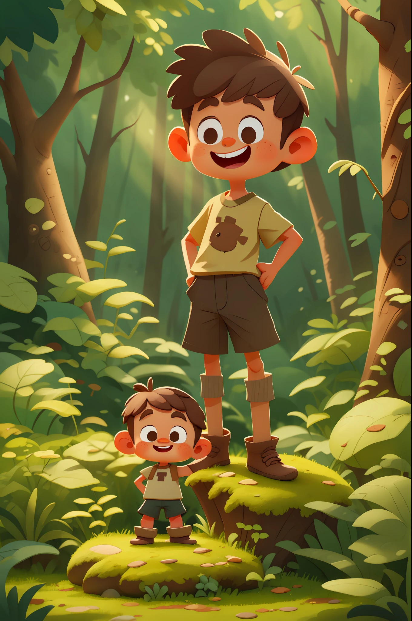 A happy cute boy standing short hair, wearing brown shorts, cream shirt, brown boots outdoors, forest background, child, toon, pixar style, 3d, cartoon, detailed face, asymmetrical