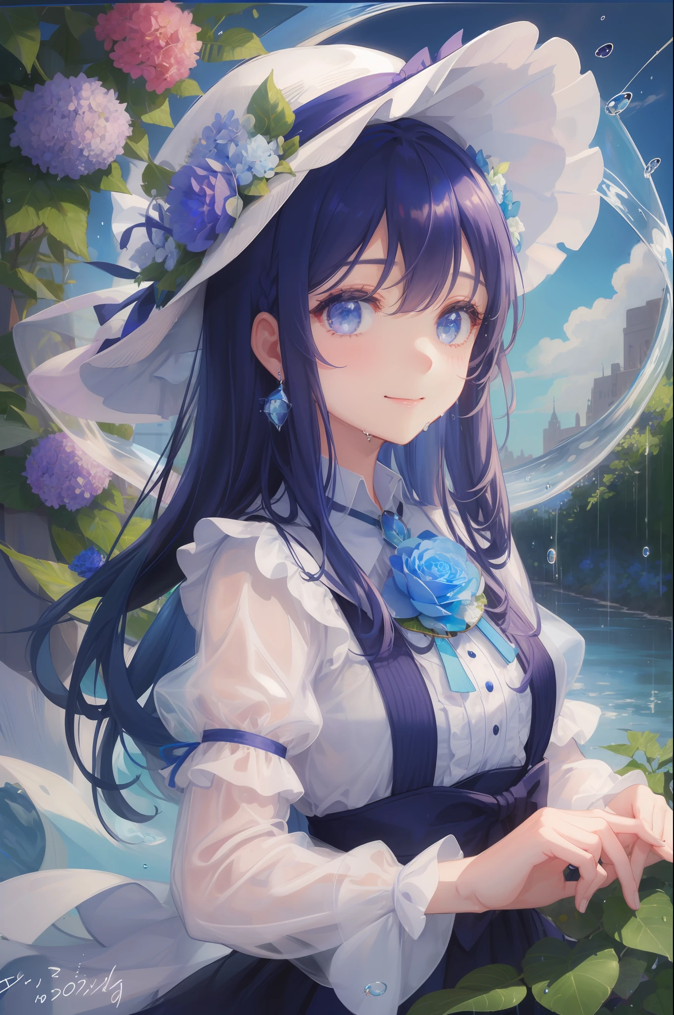 art by Cornflower, dreamy, (1girl, bangs, blue_flower, blue_ribbon, blue_rose, brooch, closed_mouth, flower, gem, hair_between_eyes, hat, hat_flower, hydrangea, jewelry, leaf, long_hair, looking_at_viewer, plant, rain, smile, solo, upper_body, water, water_drop, wet)