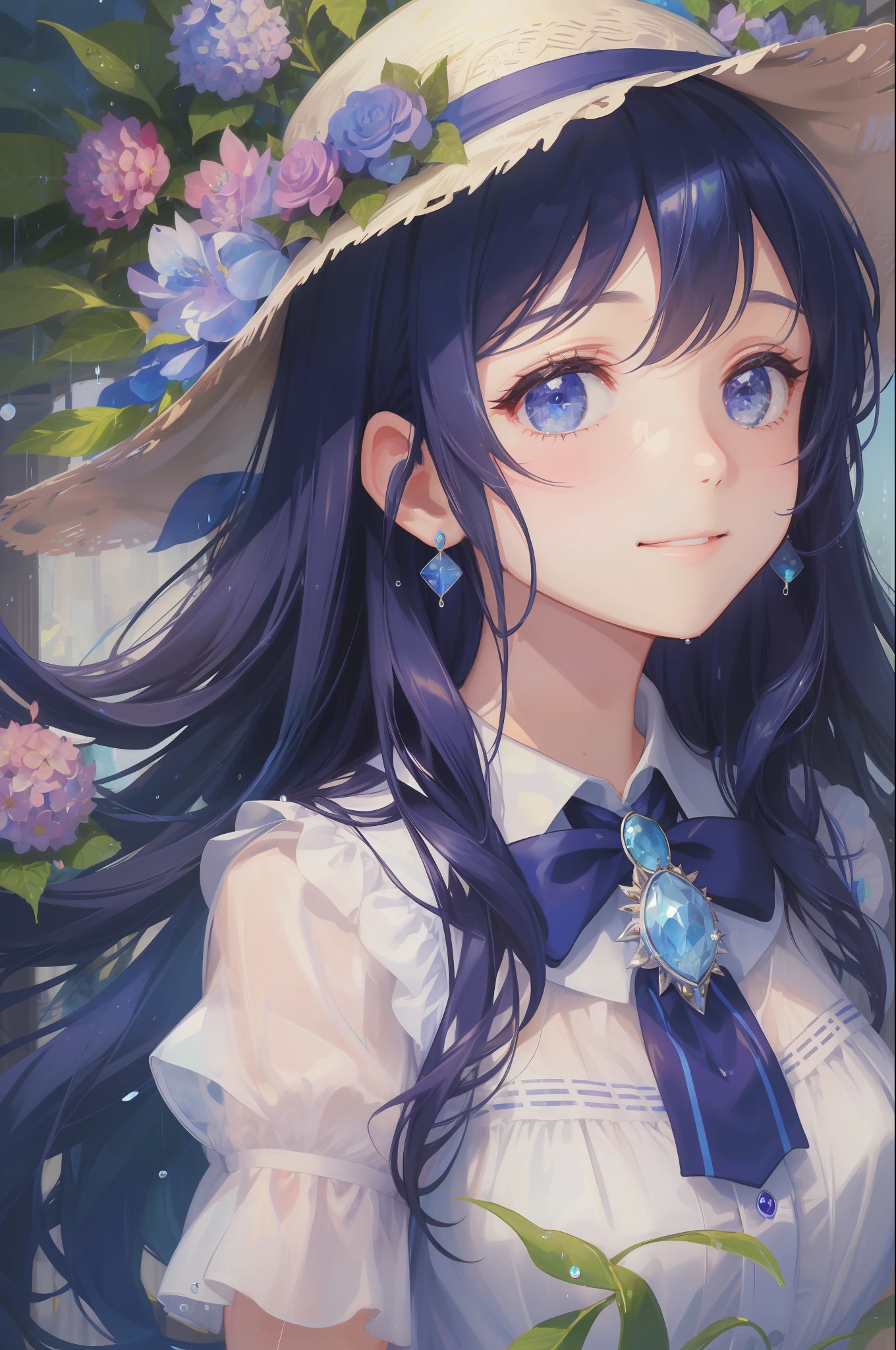 art by Cornflower, dreamy, (1girl, bangs, blue_flower, blue_ribbon, blue_rose, brooch, closed_mouth, flower, gem, hair_between_eyes, hat, hat_flower, hydrangea, jewelry, leaf, long_hair, looking_at_viewer, plant, rain, smile, solo, upper_body, water, water_drop, wet)