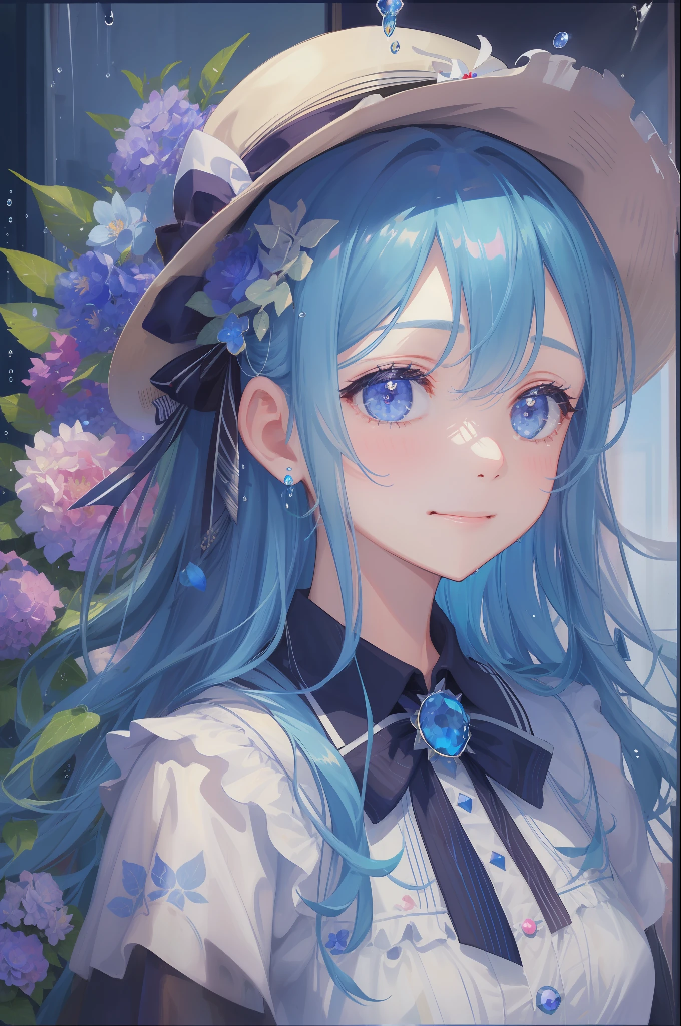 art by Cornflower, dreamy, (1girl, bangs, blue_flower, blue_ribbon, blue_rose, brooch, closed_mouth, flower, gem, hair_between_eyes, hat, hat_flower, hydrangea, jewelry, leaf, long_hair, looking_at_viewer, plant, rain, smile, solo, upper_body, water, water_drop, wet)