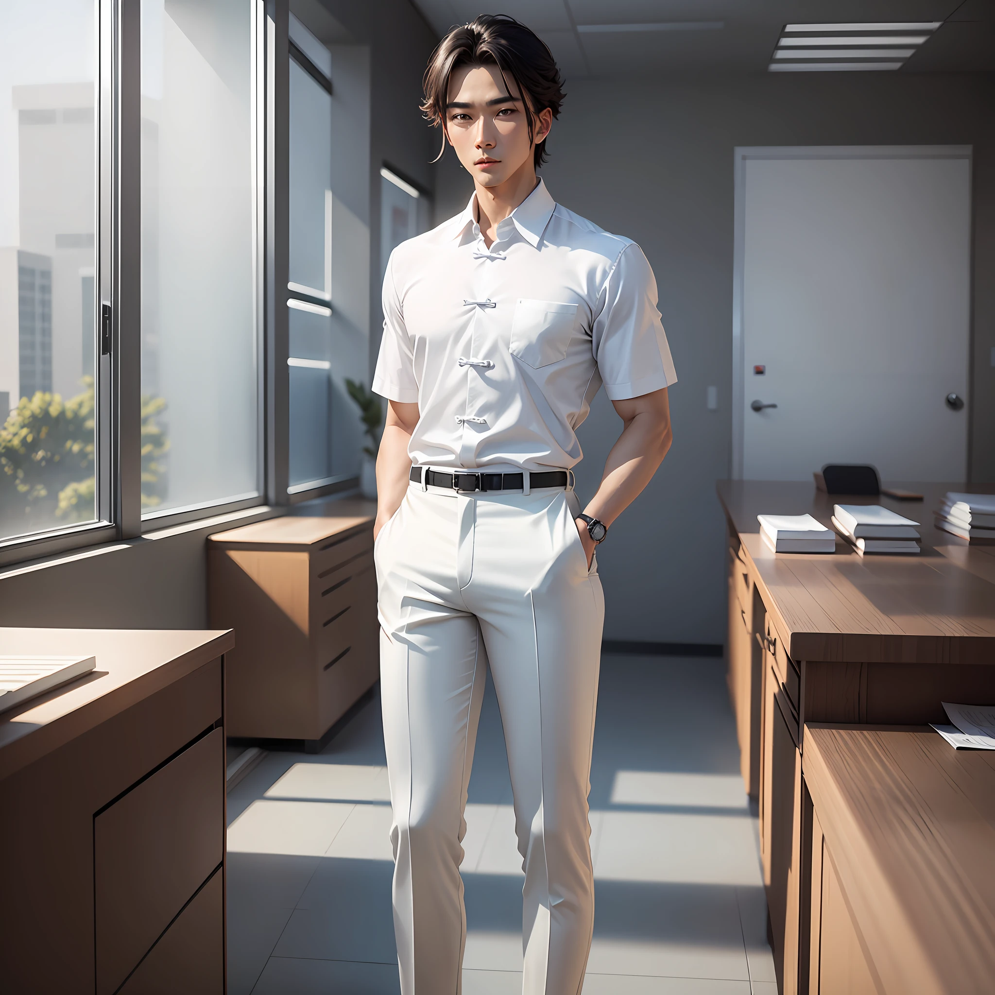 Company employees, wearing white shirts on the upper body, slacks on the lower body, AJ shoes on the feet, look very handsome, standing in the office, modern realism, Chinese style