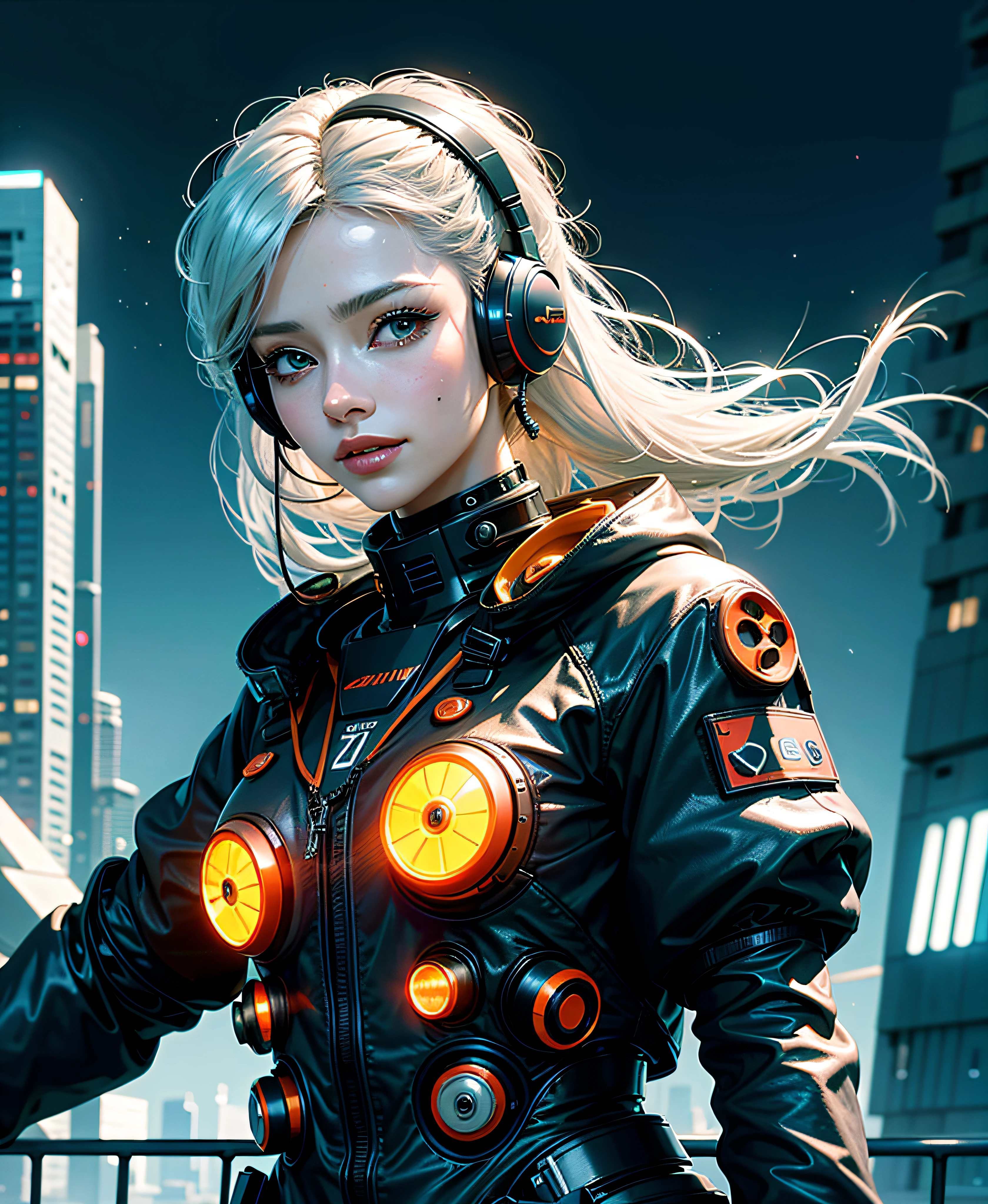 (8k, RAW photo, photorealistic:1.25) ,( lip gloss, eyelashes, glossy side, shiny skin, best quality, ultra high resolution, depth of field, chromatic aberration, caustic, wide light, natural shadow, Kpop idol) Watch the audience with serenity and goddess-like happiness, cyberpunk, rooftop, high-altitude city, neon orange, hair flying apart, various movements, 7 doppelgangers entering, black and orange clothing, silver-white hair, wearing a coat, wearing less, smiling, unlimited charm, with technology headphones, luminous accessories, sexy female mecha style, light drifting