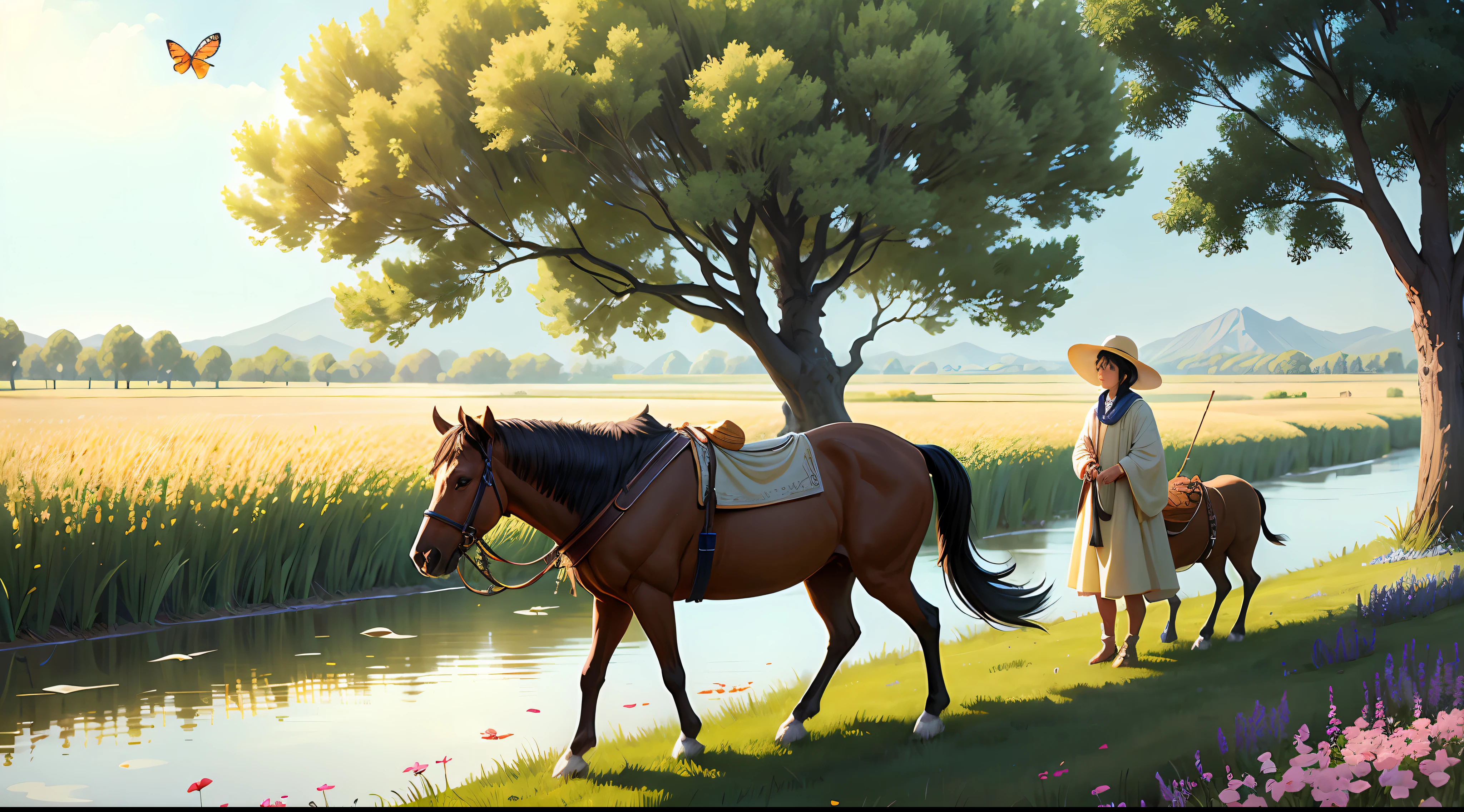 A shepherd boy rides on the back of a buffalo and plays the flute. In the center of the background is a green field, with ears of wheat swaying in the wind and straws tanned golden. In front of the field is a clear brook with gurgling water and small ripples when the breeze blows by, and the green grass by the river dances with the wind. On the left side of the field, there is a tall willow tree with branches hanging down, brushing gently across the water. Under the willow tree, a few birds were singing happily, and a red butterfly was dancing among the flowers. On the right side of the field, there is a fruit forest full of flowers, pink, white and pale yellow flowers compete on the branches, attracting bees and butterflies. The sky is blue, with occasional fluffy white clouds drifting by. The scorching sun hangs high, but when the breeze blows, it brings a touch of coolness and gives people a comfortable feeling. This is the Lixia picture I drew for you, I hope you like it! authentic style,