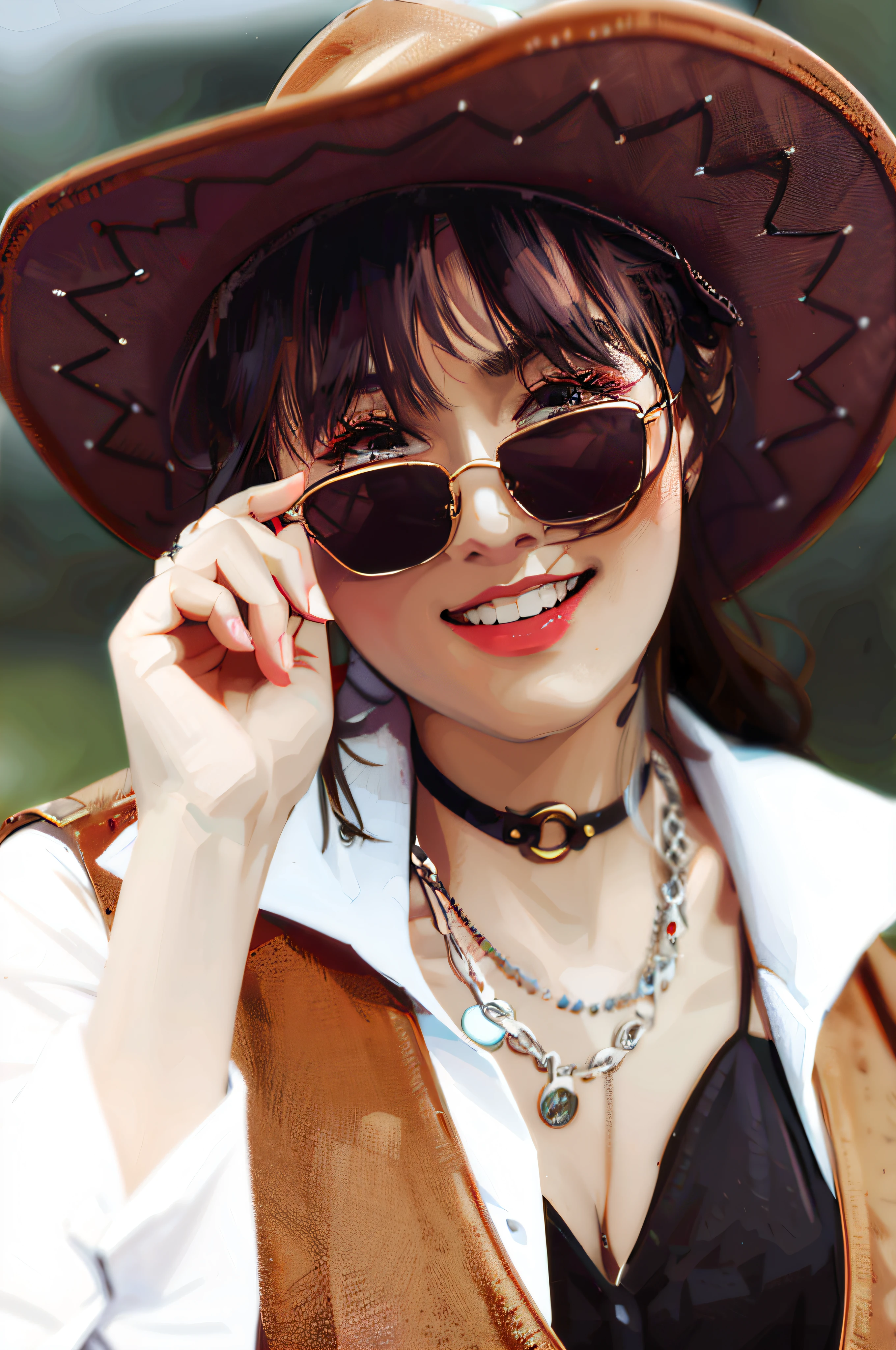 there is a woman wearing a hat and sunglasses posing for a picture, with sunglass, designer sunglasses, dilraba dilmurat, with dark brown sunglasses, wearing sunglasses and a hat, cowgirl, western cowgirl, 🤬 🤮 💕 🎀, cowboy hat and glasses, high quality portrait, with sunglasses, stylish, sunglasses, li zixin, cool sunglasses