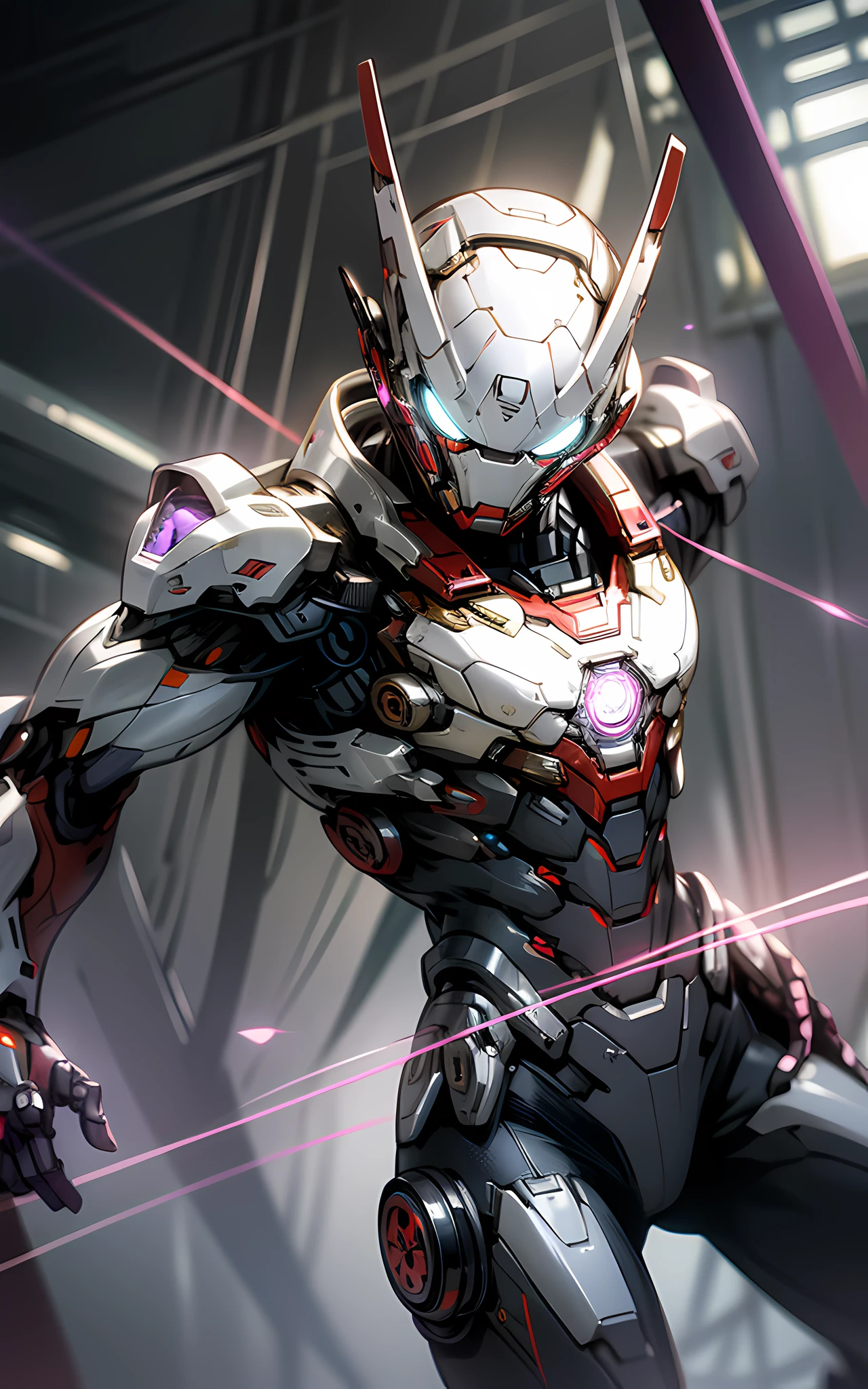 Best quality in 8k resolution, ultra-detailed Spider-Man images dressed in futuristic white and purple suit fused with Iron Man suit with metal mesh background. The focus is on detail, texture and light and shadow effects on the suit. Add a cyberpunk touch to the composition. The metaphor of a metal spider web in the background will add a stunning effect to the final image." --auto --s2
