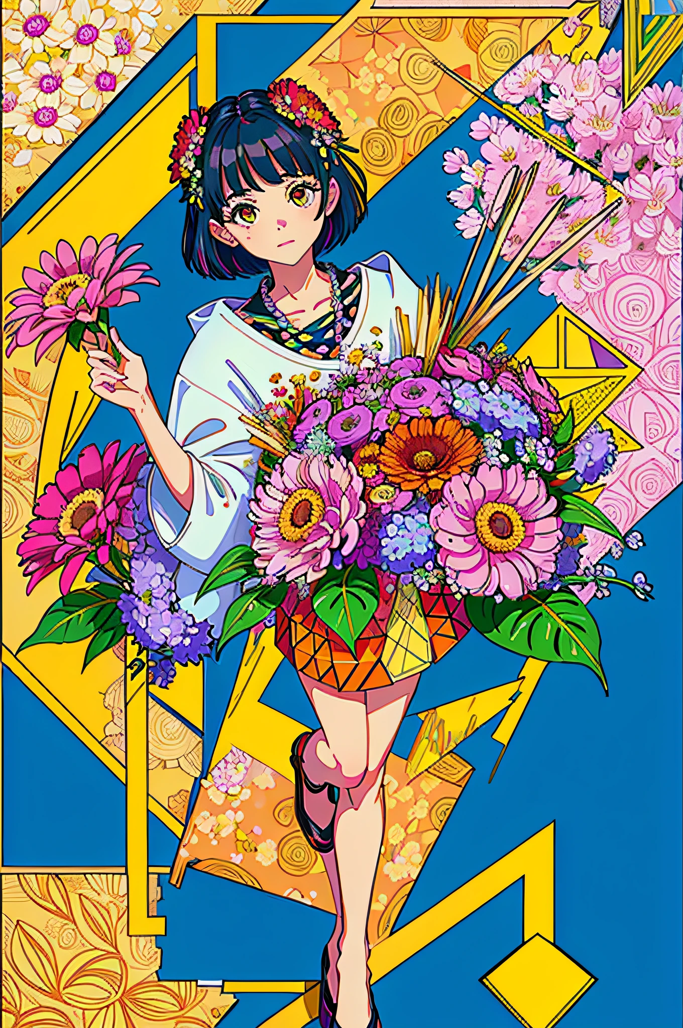 (ultra-detailed background, detailed background), absurdres, highres, ultra detailed, extremly detailed, 1girl, (bunch of flowers:1.3), (zentangle:1.2), (geometric:1.2),(colorful),